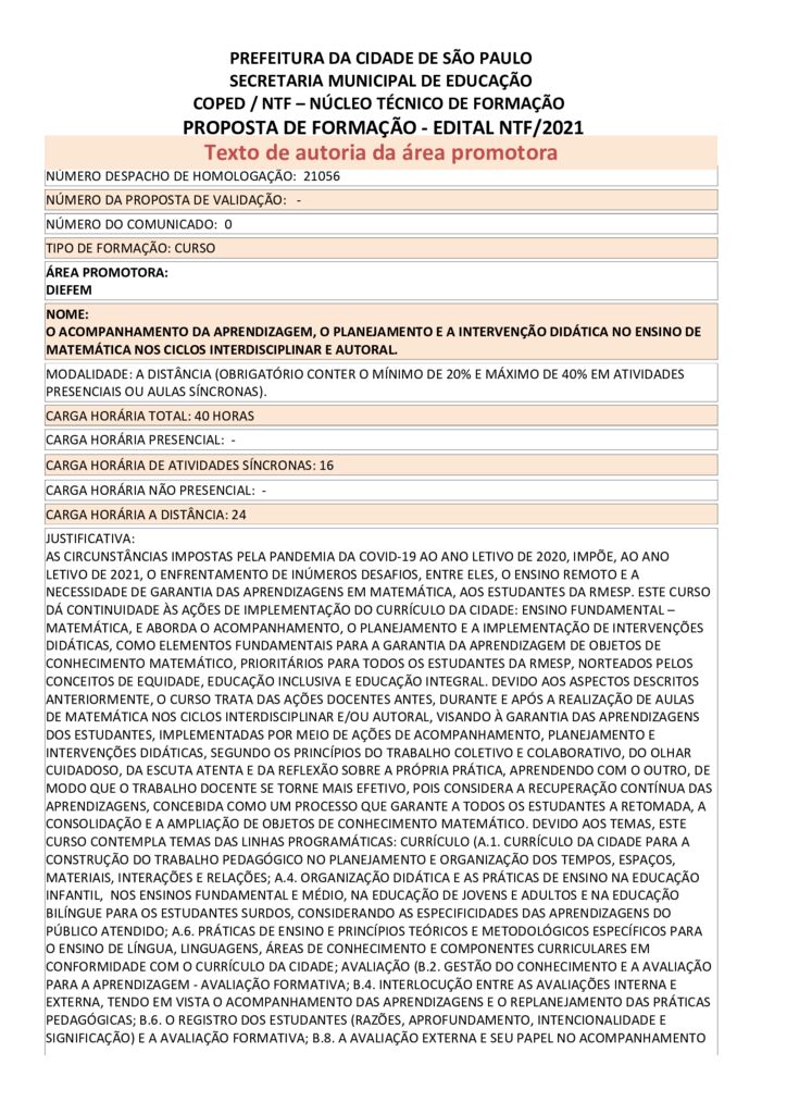 Proposta de formação homologada pela SME. 