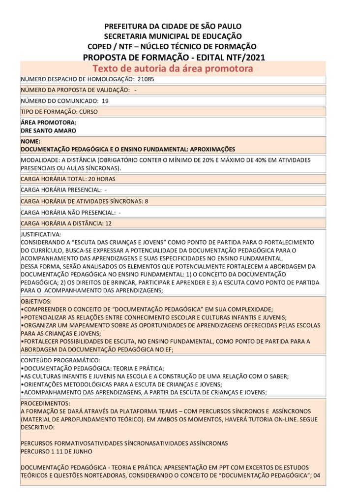 Proposta formativa homologada pela SME