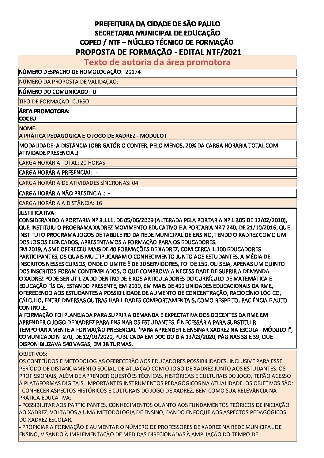 Proposta de formação homologada pela SME.