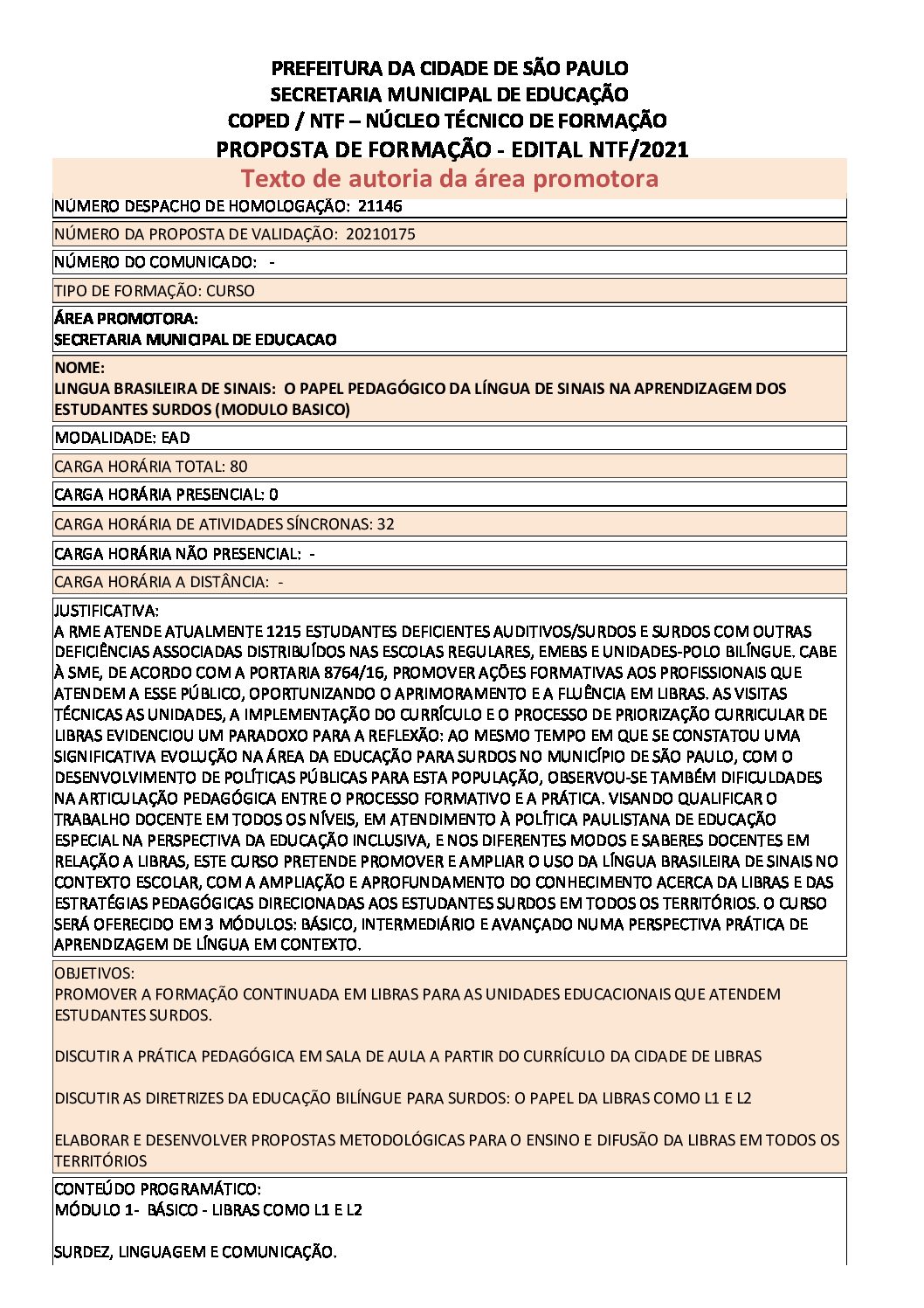 Proposta de formação homologada pela SME.