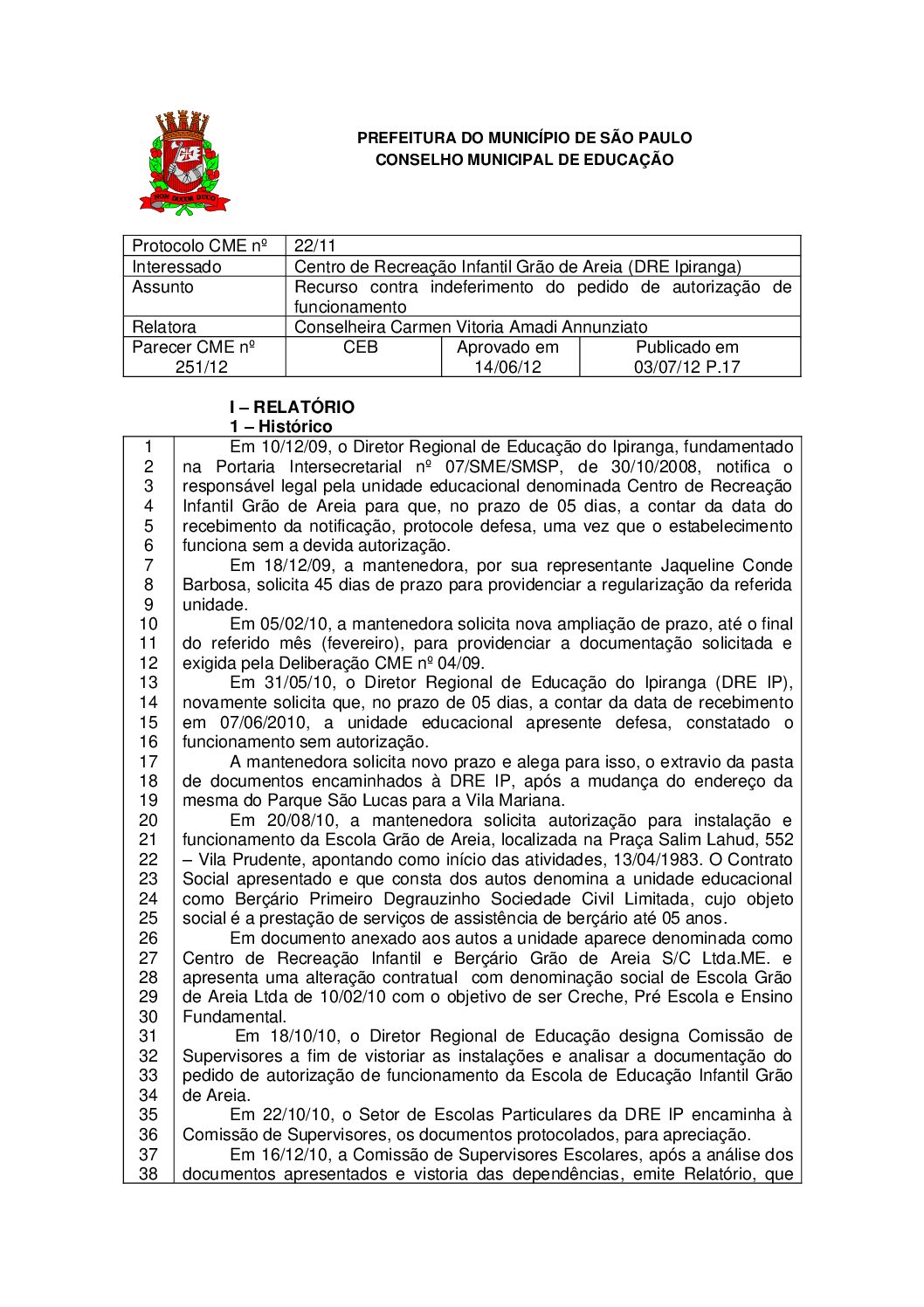 Parecer CME nº 251/2012 - Centro de Recreação Infantil Grão de Areia (DRE Ipiranga) - Recurso contra indeferimento do pedido de autorização de funcionamento 
