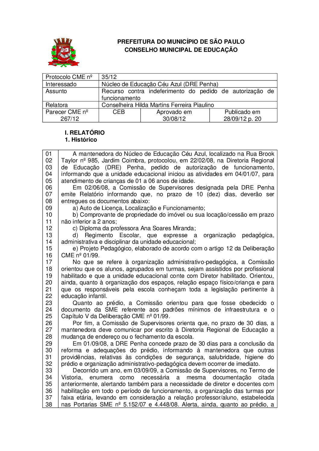 Parecer CME nº 267/2012 - Núcleo de Educação Céu Azul (DRE Penha) - Recurso contra indeferimento do pedido de autorização de funcionamento 