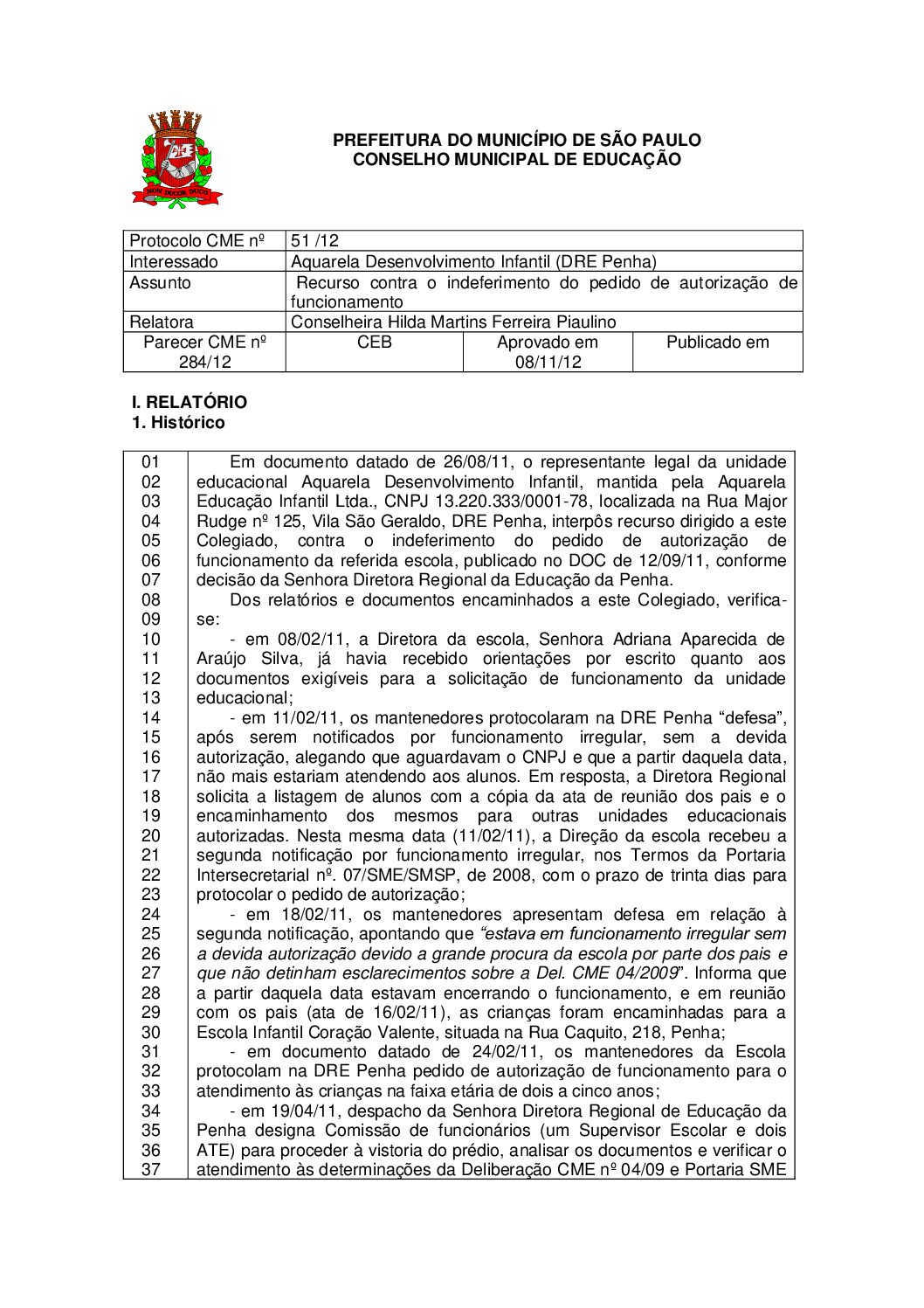 Parecer CME nº 284/2012 -   Aquarela Desenvolvimento Infantil (DRE Penha) - Recurso contra o indeferimento do pedido de autorização de funcionamento 