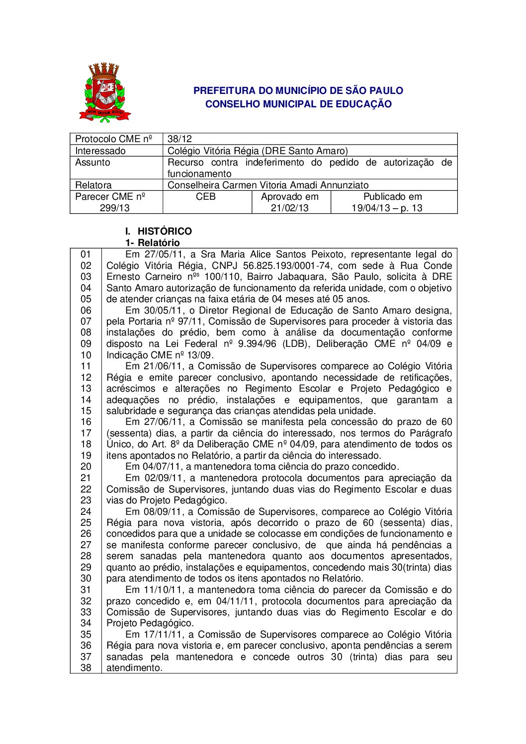Parecer CME nº 299/2013 - Colégio Vitória Régia (DRE Santo Amaro) - Recurso contra indeferimento do pedido de autorização de funcionamento