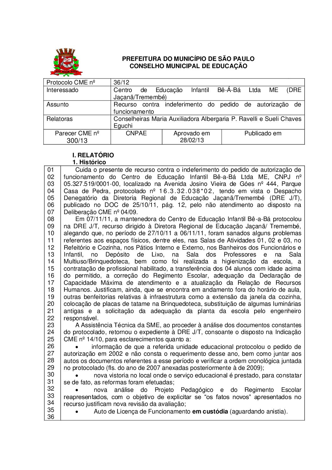 Parecer CME nº 300/2013 - Centro de Educação Infantil Bê-Á-Bá Ltda ME (DRE Jaçanã/Tremembé) - Recurso contra indeferimento do pedido de autorização de funcionamento 