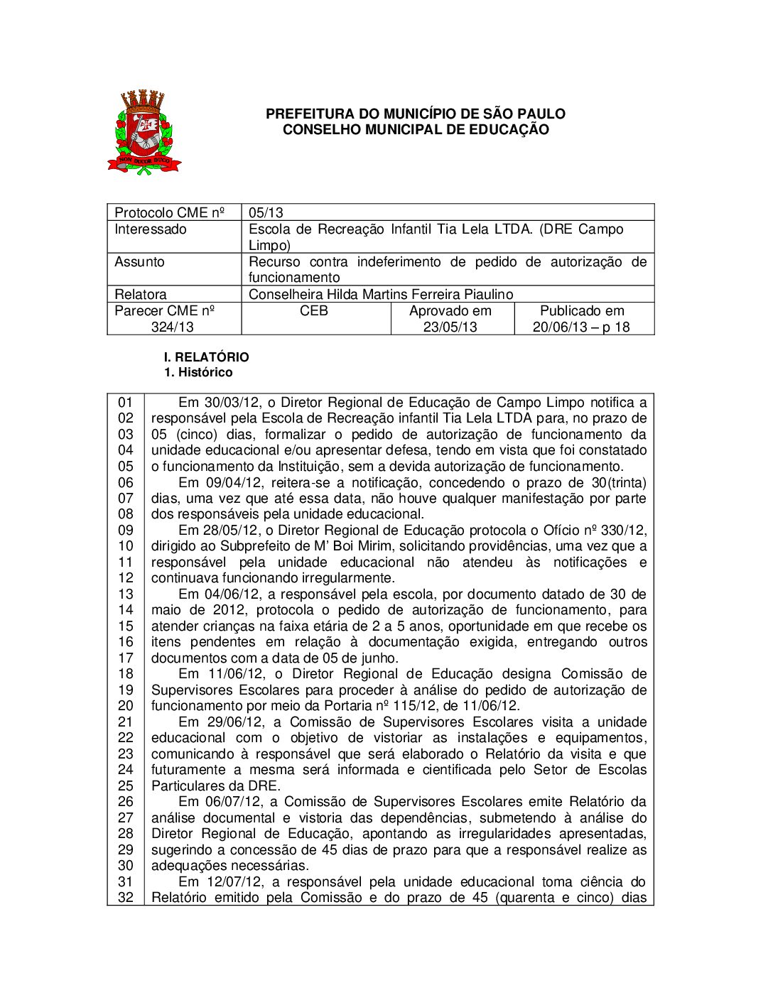 Parecer CME nº 324/2013 - Escola de Recreação Infantil Tia Lela LTDA (DRE Campo Limpo) - Recurso contra indeferimento de pedido de autorização de funcionamento 