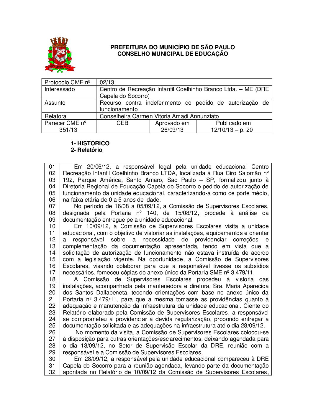 Parecer CME nº 351/2013 - Centro de Recreação Infantil Coelhinho Branco Ltda ME (DRE Capela do Socorro) - Recurso contra indeferimento do pedido de autorização de funcionamento 