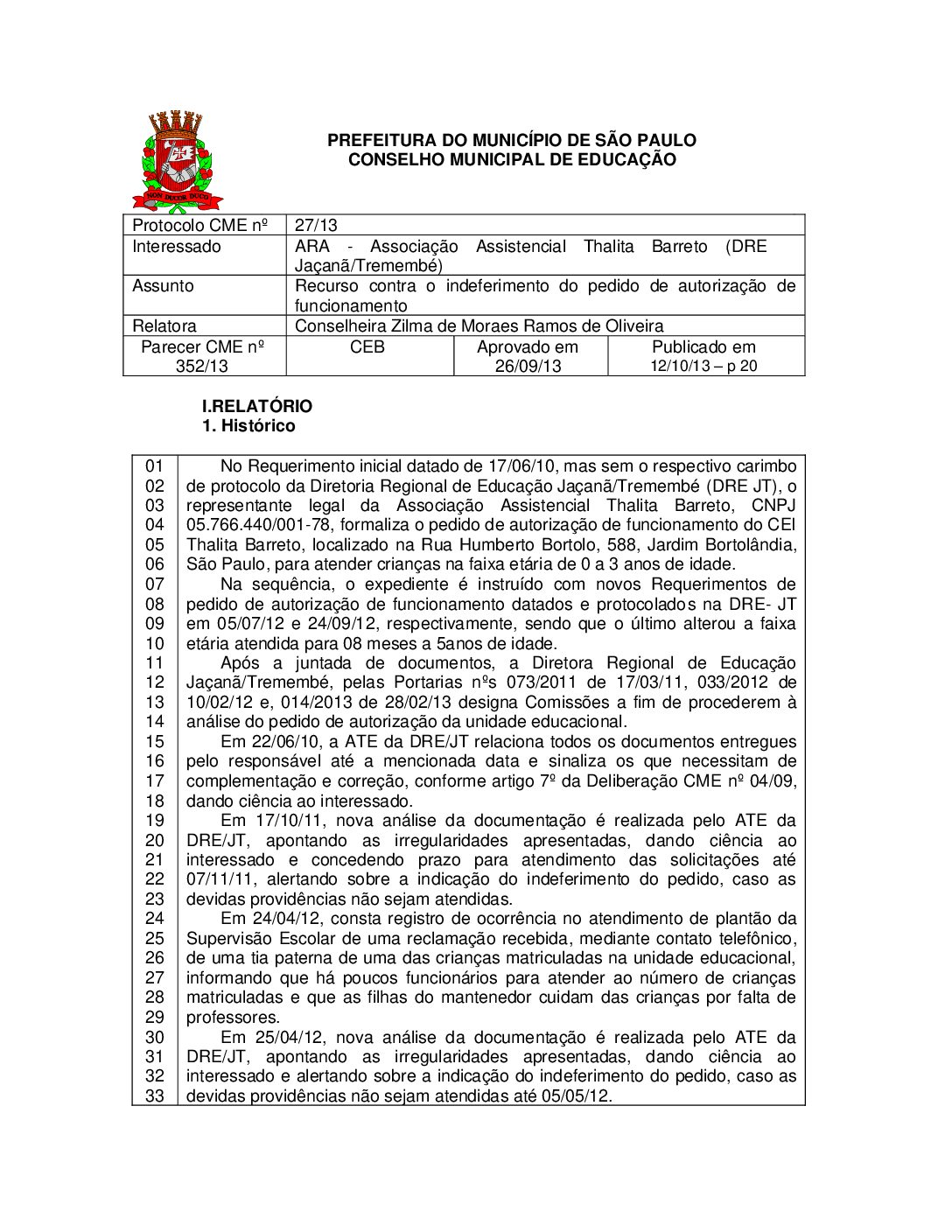 Parecer CME nº 352/2013 - ARA - Associação Assistencial Thalita Barreto (DRE Jaçanã/Tremembé) - Recurso contra o indeferimento do pedido de autorização de funcionamento