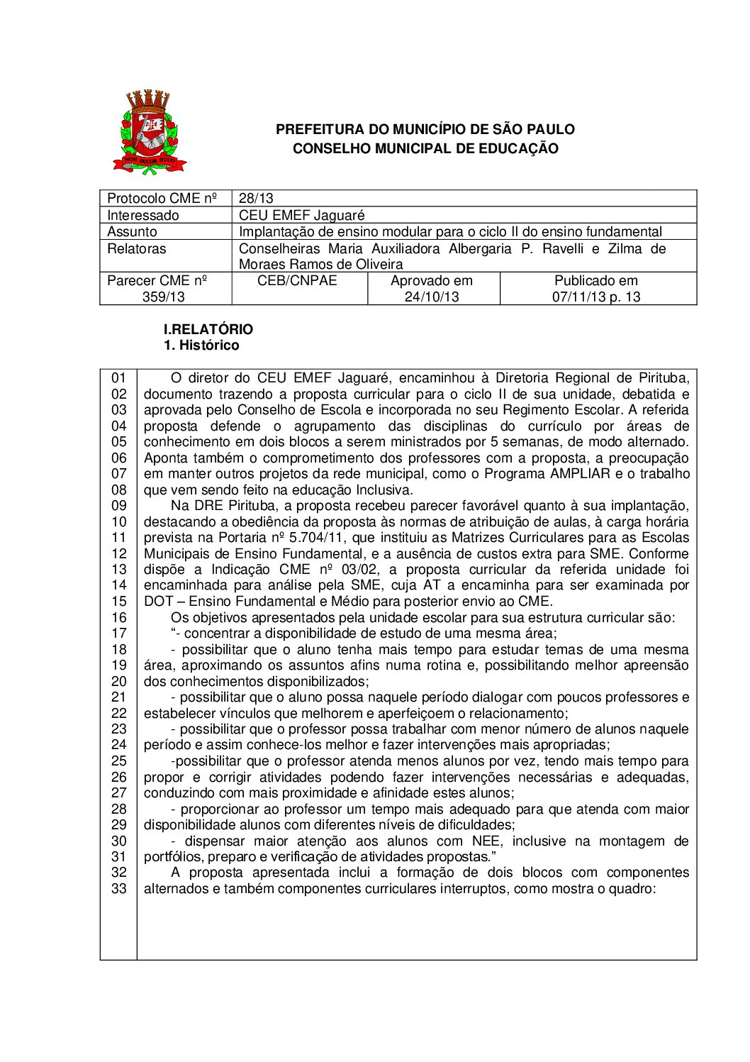 Parecer CME nº 359/2013 - CEU EMEF Jaguaré - Implantação de ensino modular para o ciclo II do ensino fundamental 