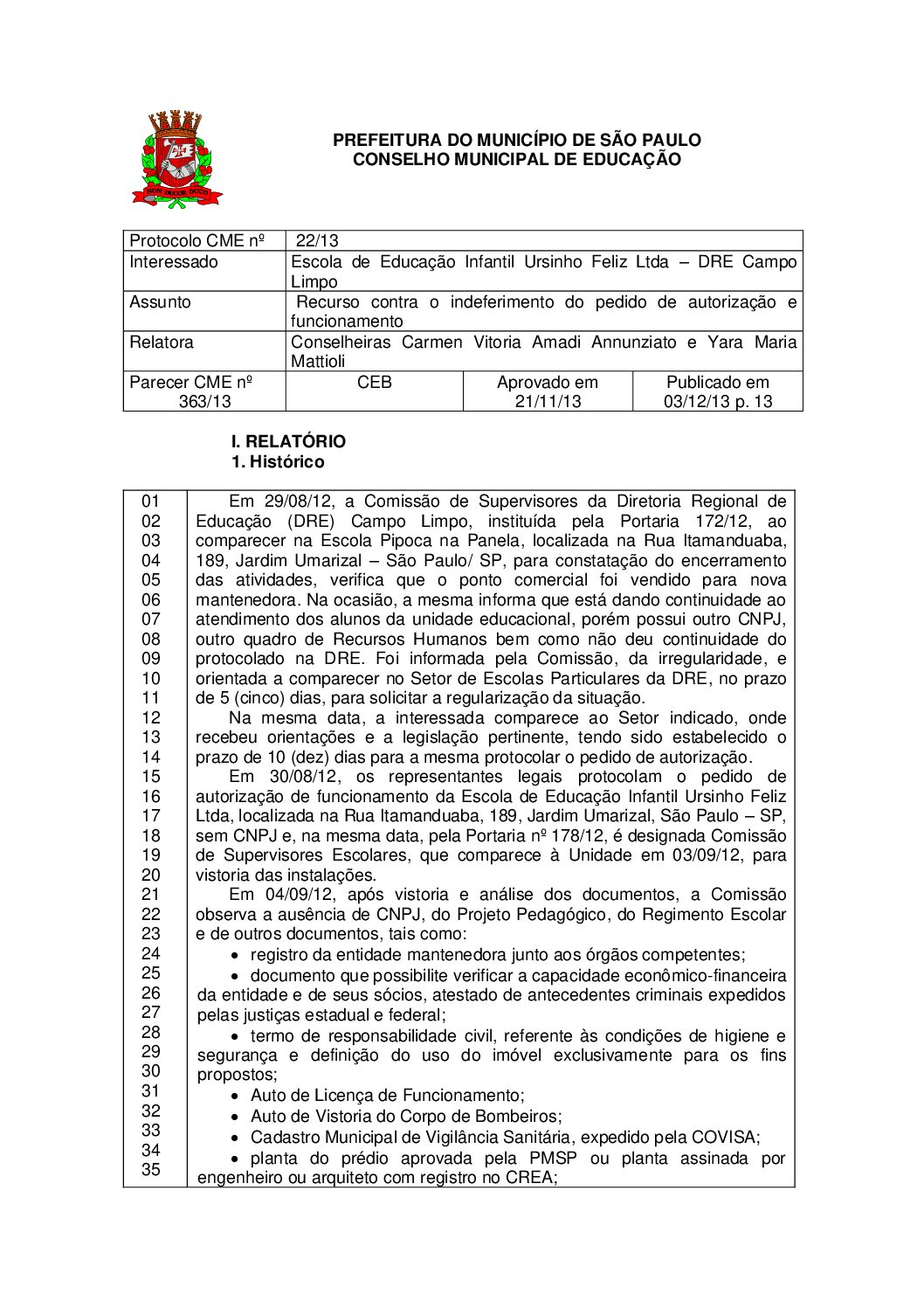 Parecer CME nº 363/2013 - Escola de Educação Infantil Ursinho Feliz Ltda (DRE Campo Limpo) - Recurso contra o indeferimento do pedido de autorização e funcionamento 