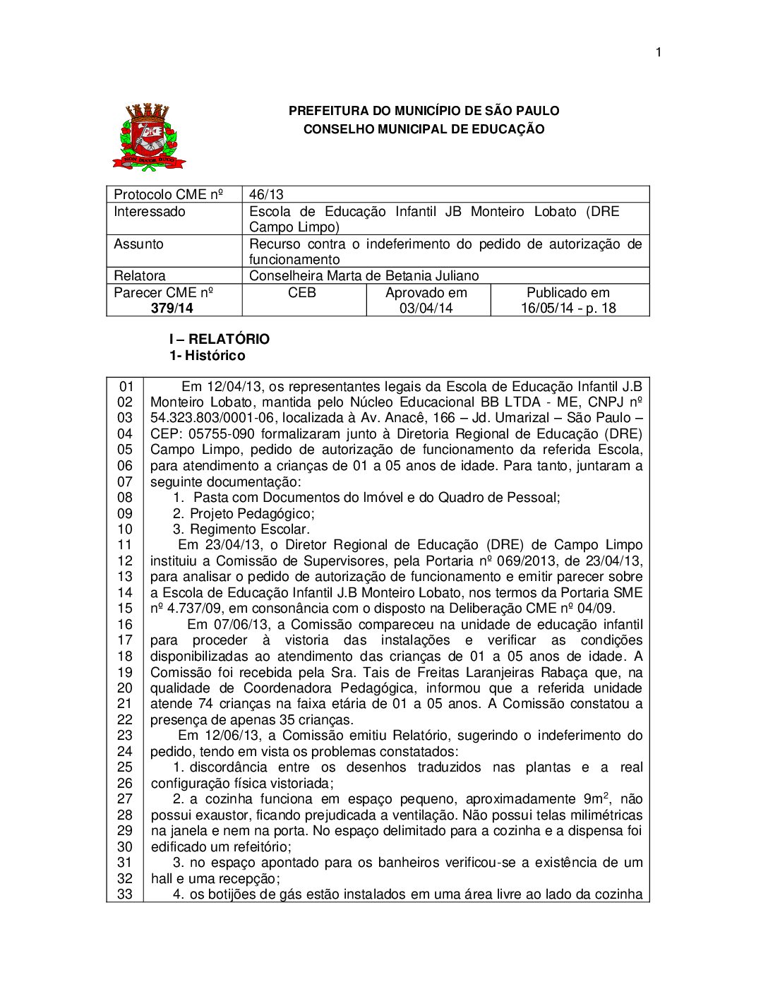 Parecer CME nº 379/2014 - Escola de Educação Infantil JB Monteiro Lobato (DRE Campo Limpo) - Recurso contra o indeferimento do pedido de autorização de funcionamento 