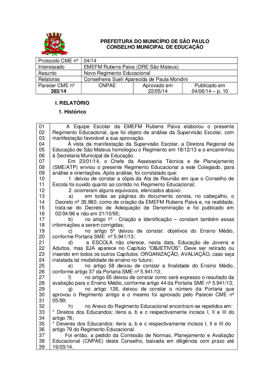 Parecer CME nº 383/2014 - EMEFM Rubens Paiva (DRE São Mateus) - Novo Regimento Educacional