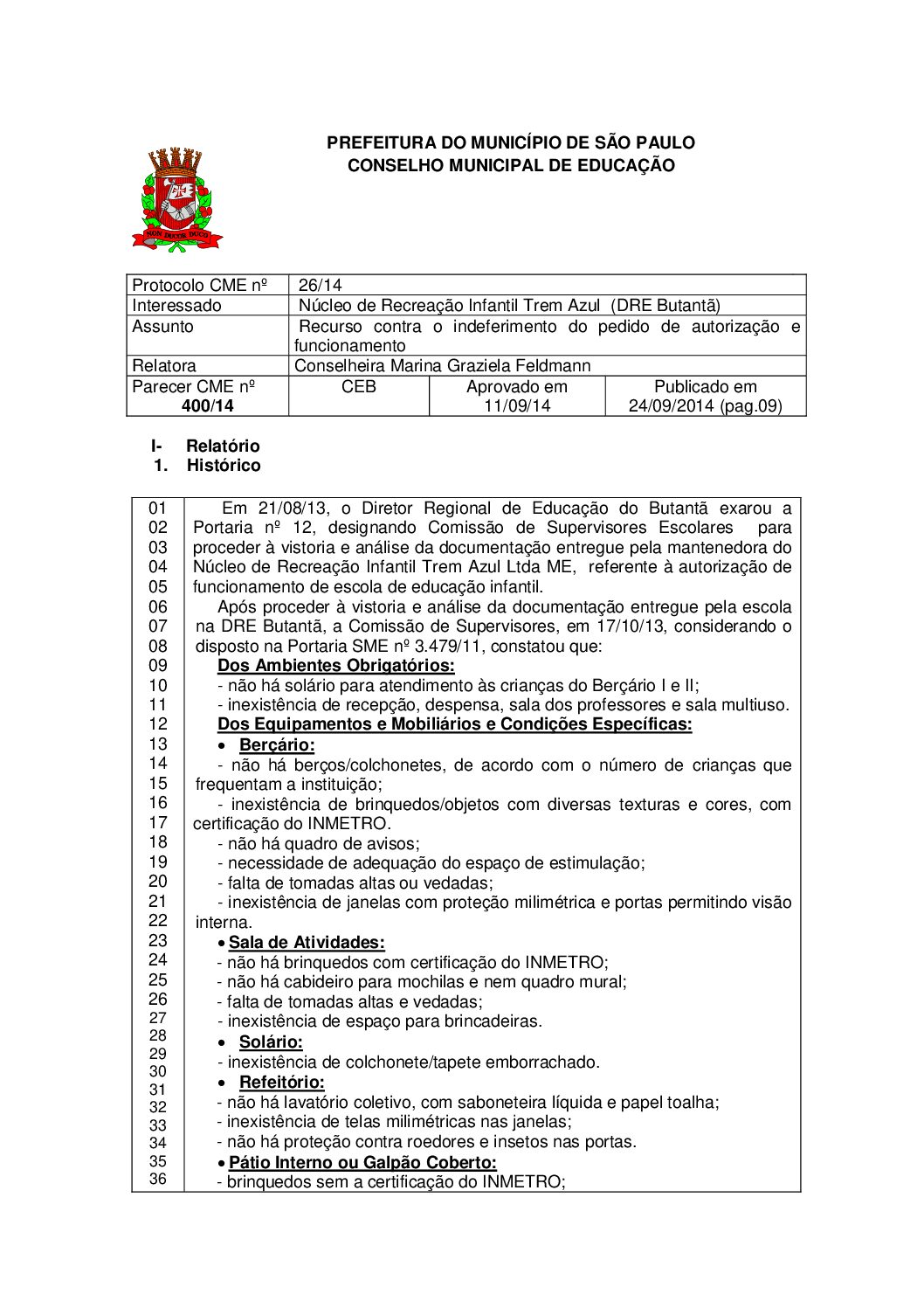 Parecer CME nº 400/2014 - Núcleo de Recreação Infantil Trem Azul  (DRE Butantã) - Recurso contra o indeferimento do pedido de autorização e funcionamento 