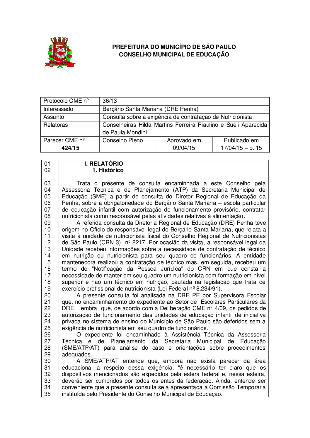 Parecer CME nº 424/2015 - Berçário Santa Mariana (DRE Penha) - Consulta sobre a exigência de contratação de Nutricionista 