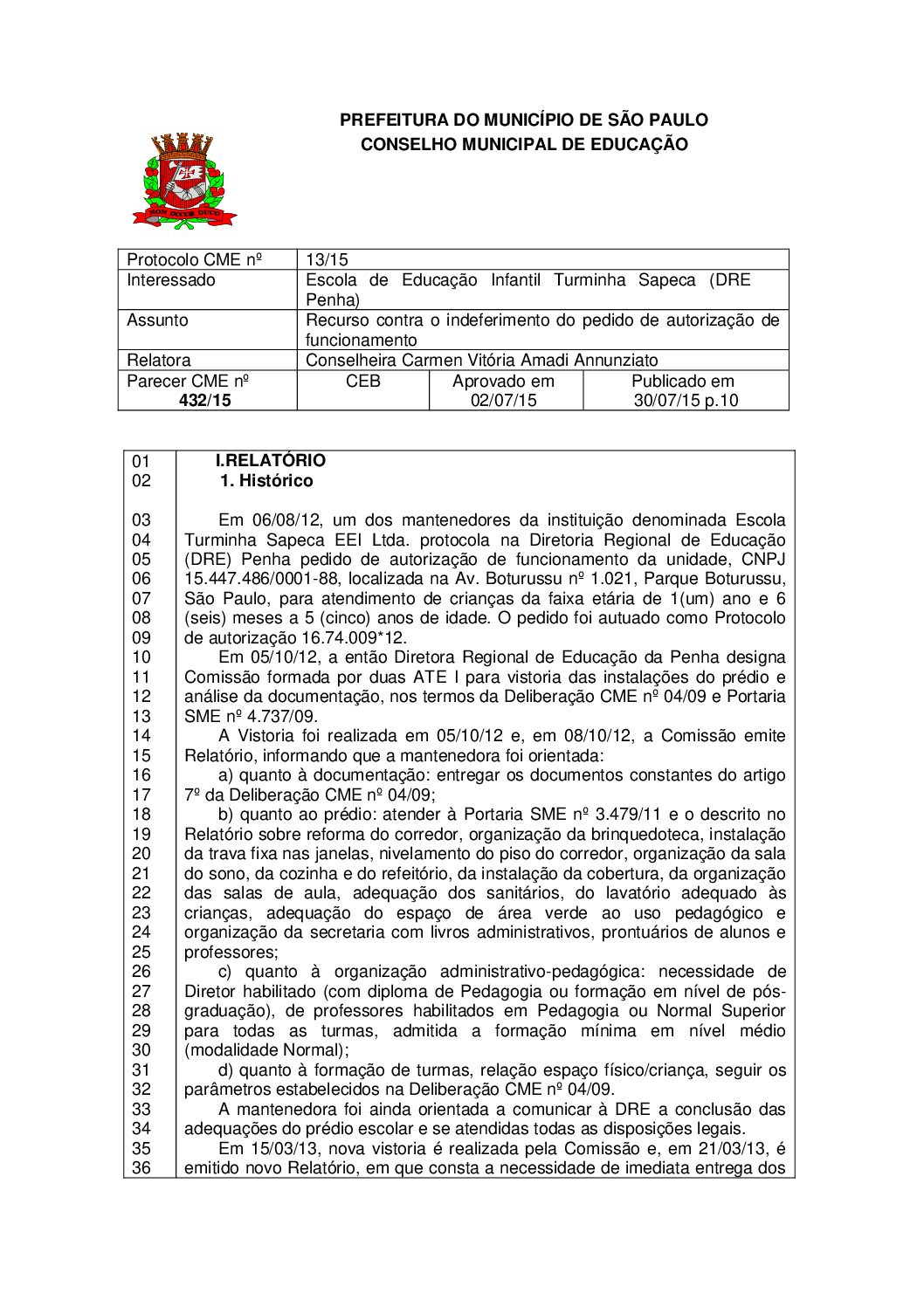 Parecer CME nº 432/2015 - Escola de Educação Infantil Turminha Sapeca (DRE Penha) - Recurso contra o indeferimento do pedido de autorização de funcionamento 