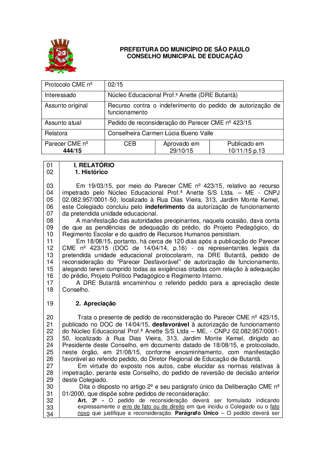 Parecer CME nº 444/2015 - Núcleo Educacional Prof.ª Anette (DRE Butantã) - Pedido de reconsideração do Parecer CME nº 423/2015
