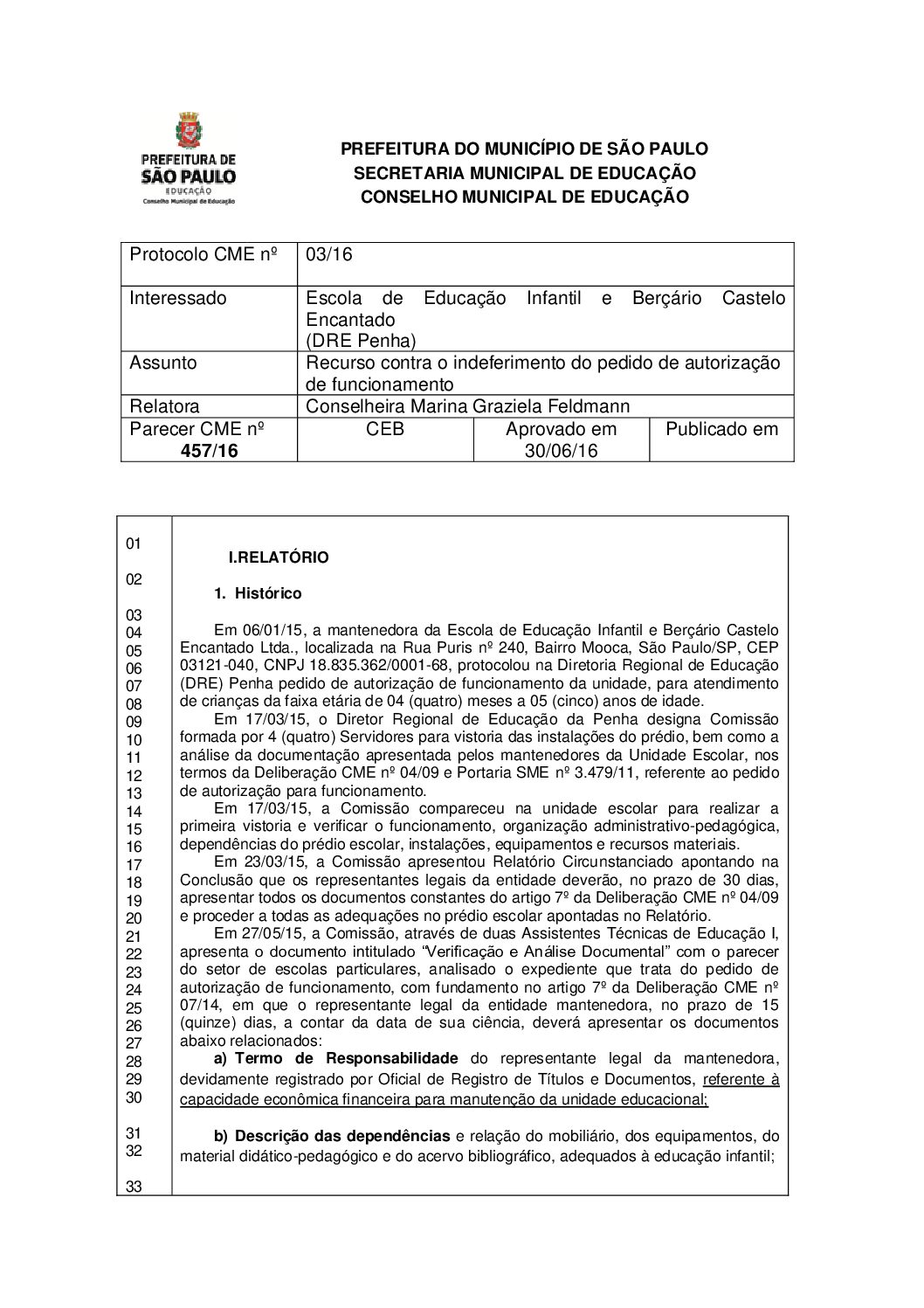 Parecer CME nº 457/2016 - Escola de Educação Infantil e Berçário Castelo Encantado (DRE Penha) - Recurso contra o indeferimento do pedido de autorização de funcionamento 