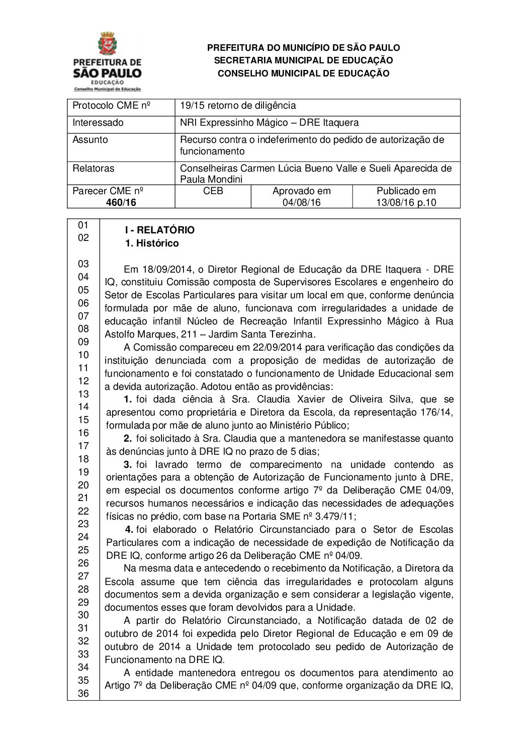 Parecer CME nº 460/2016 - NRI Expressinho Mágico (DRE Itaquera) - Recurso contra o indeferimento do pedido de autorização de funcionamento