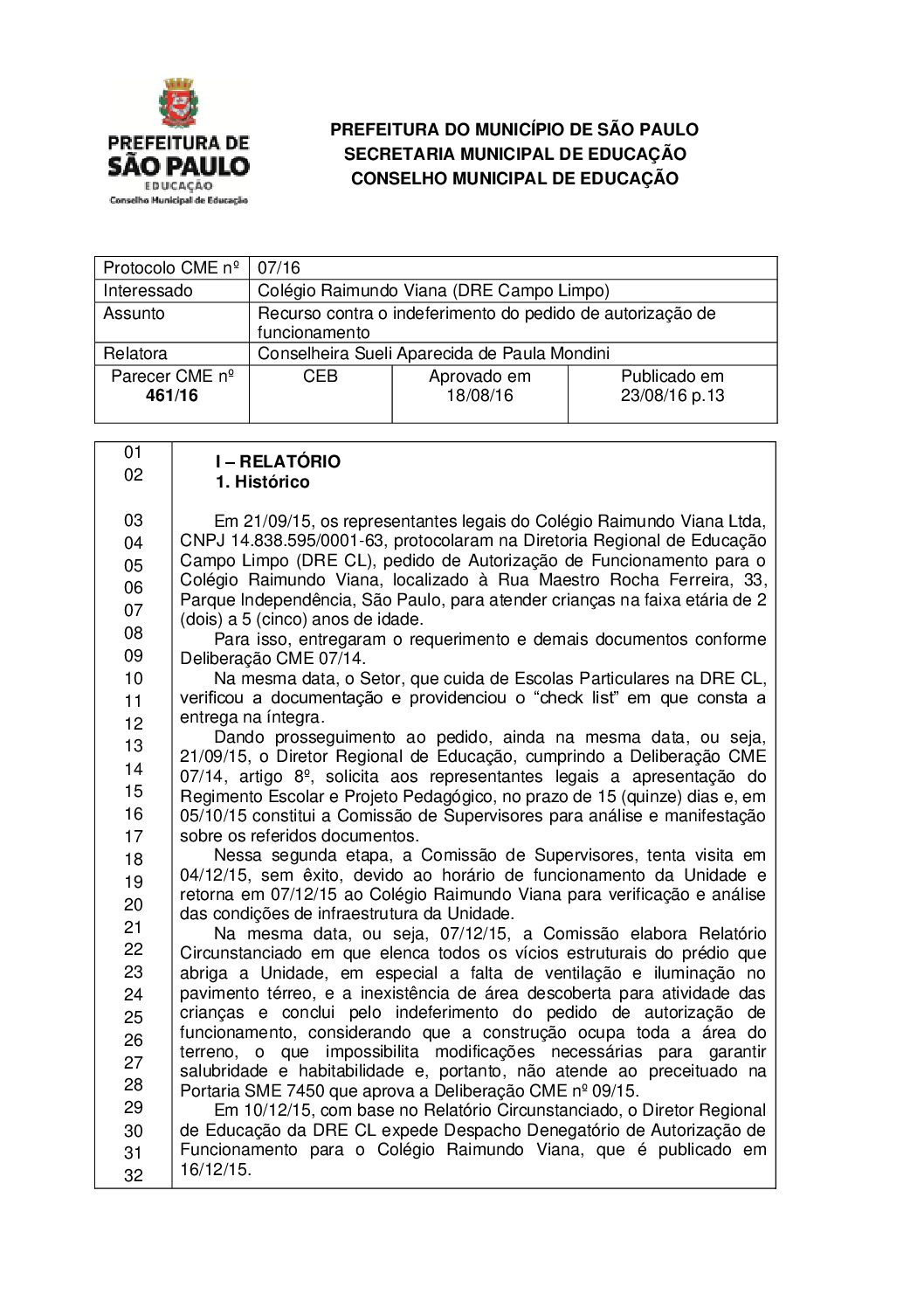 Parecer CME nº 461/2016 - Colégio Raimundo Viana (DRE Campo Limpo) - Recurso contra o indeferimento do pedido de autorização de funcionamento 
