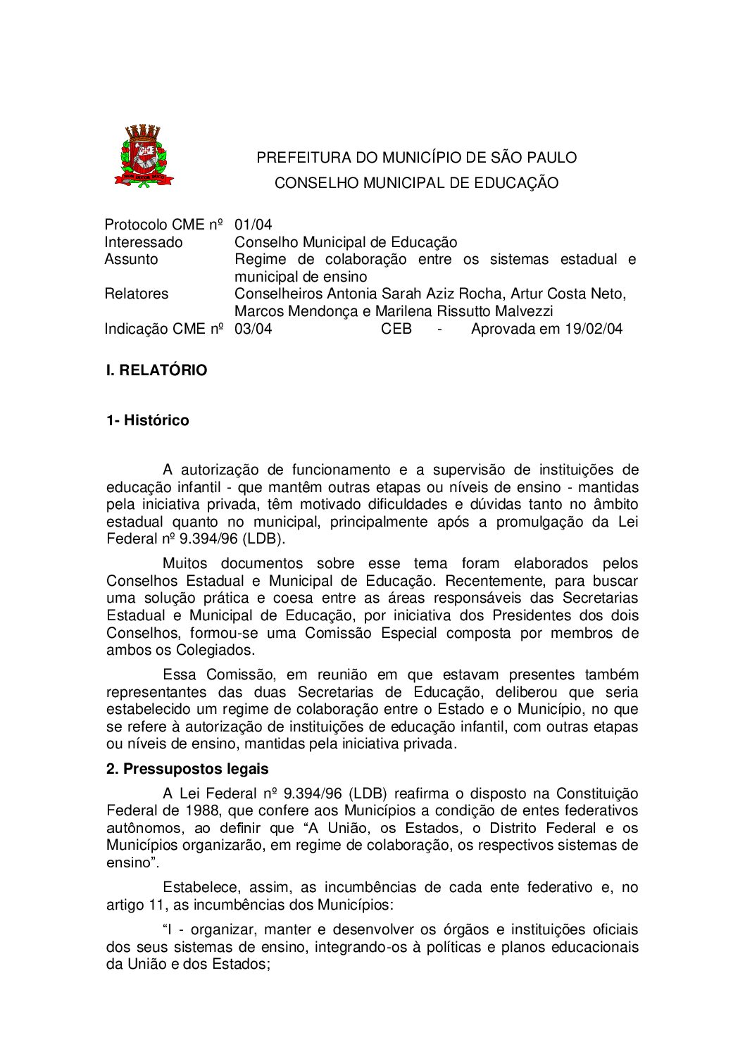 Indicação CME nº 03/2004 - Regime de colaboração entre os sistemas estadual e municipal de ensino 