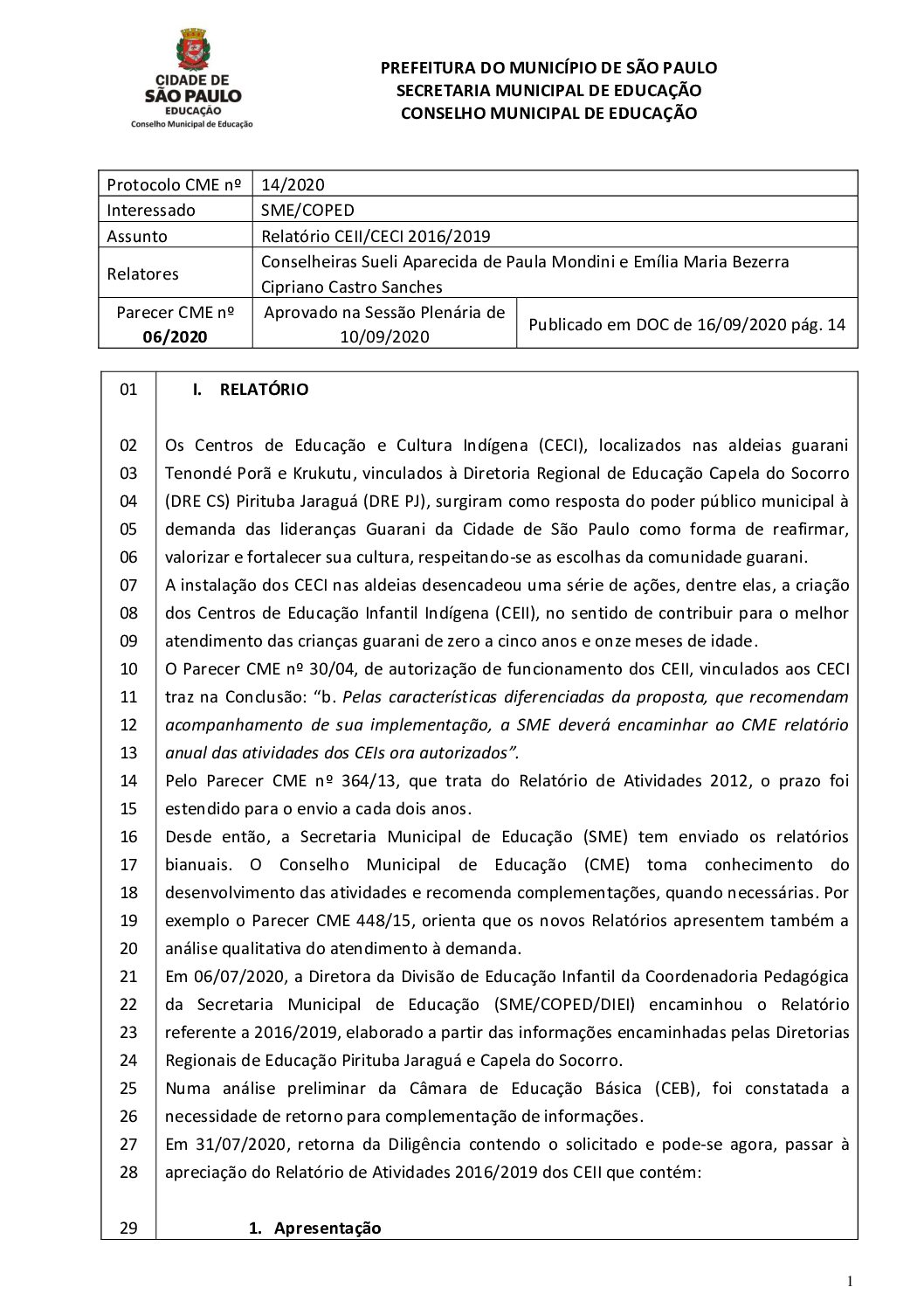 Parecer CME nº 06/2020 - Relatório CEII/CECI 2016/2019 