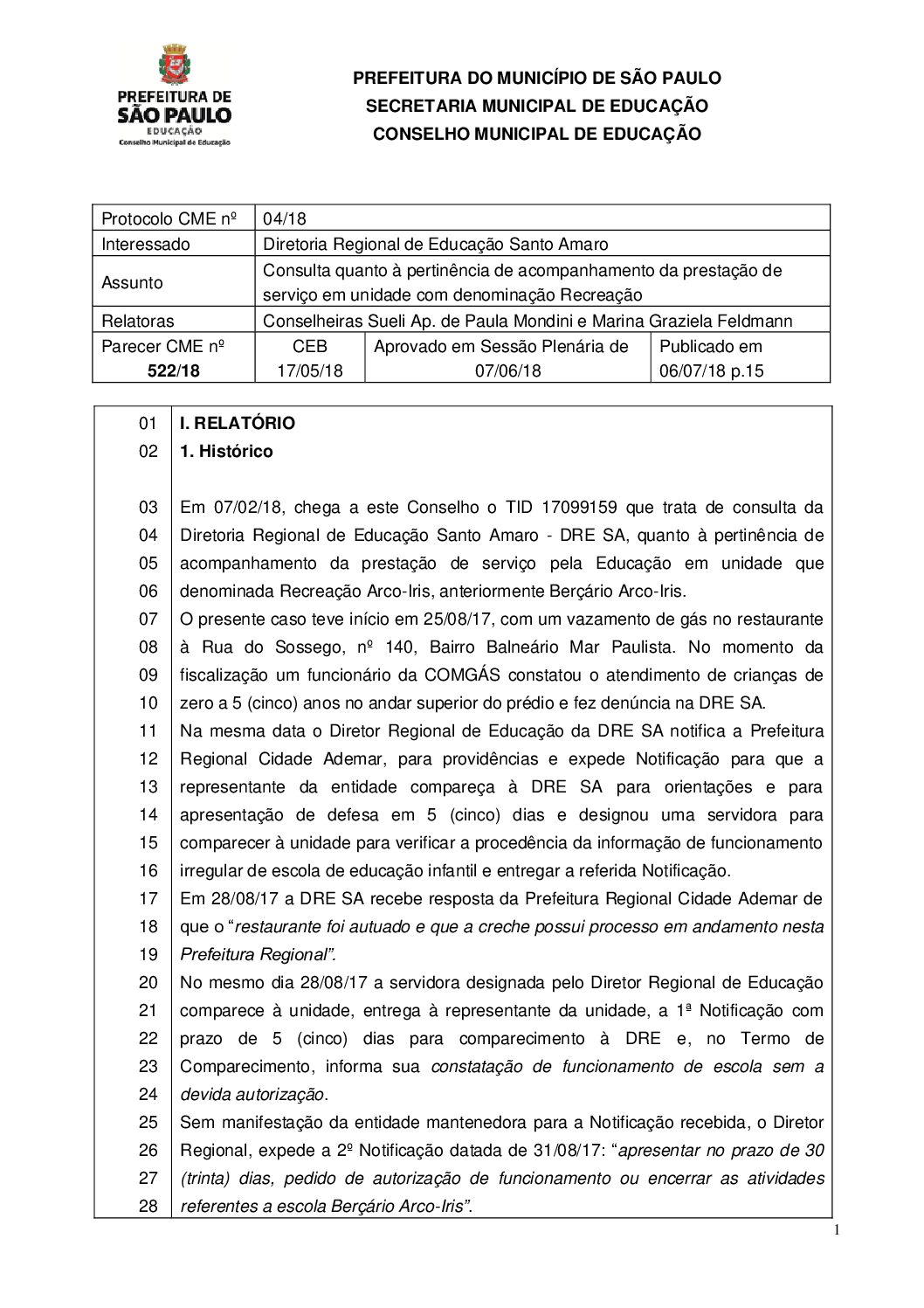 Parecer CME nº 522/2018 - Consulta da DRE Santo Amaro quanto à pertinência de acompanhamento da prestação de serviço em unidade com denominação Recreação