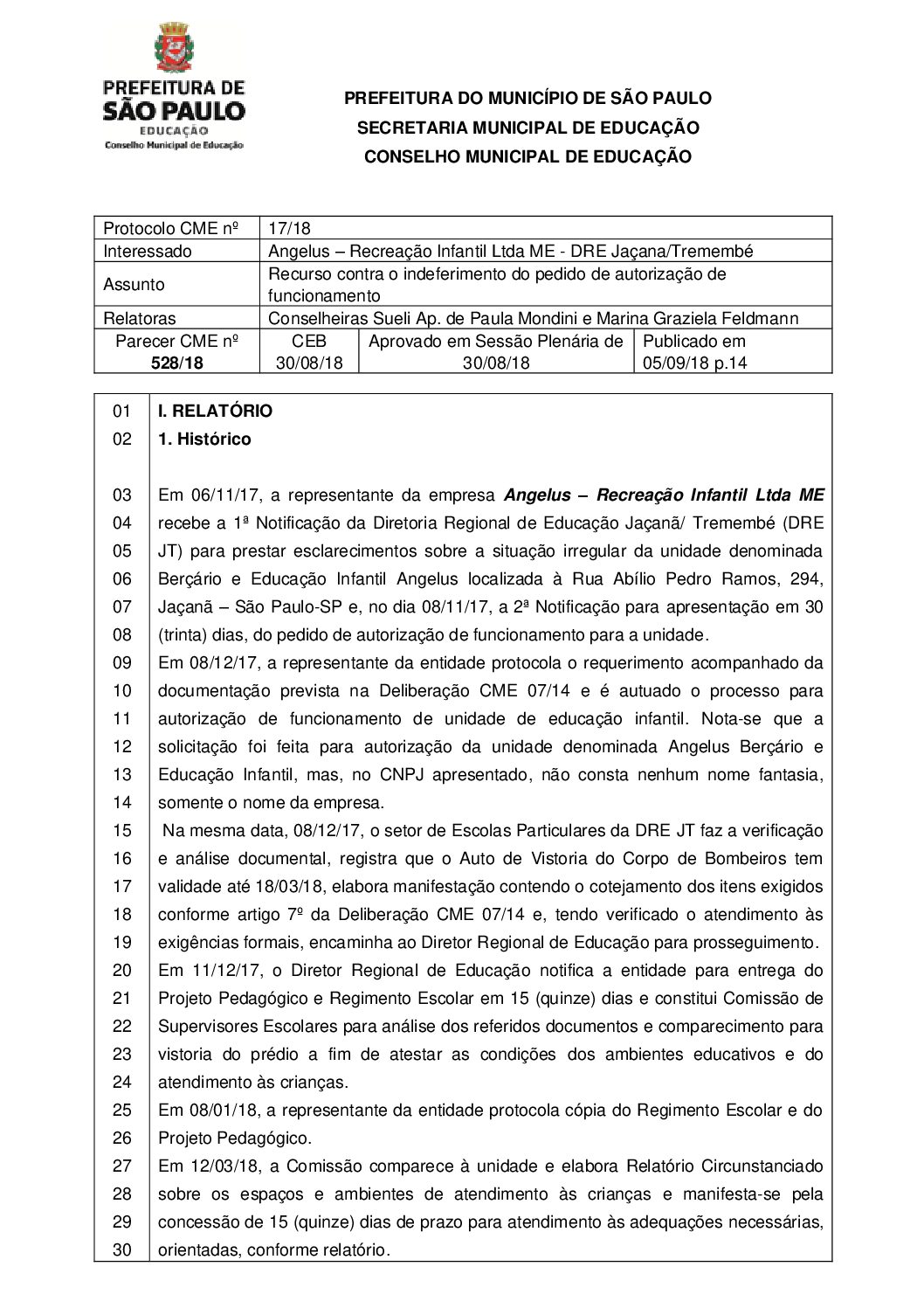 Parecer CME nº 528/2018 - Angelus Recreação Infantil Ltda ME (DRE Jaçana/Tremembé) - Recurso contra o indeferimento do pedido de autorização de funcionamento