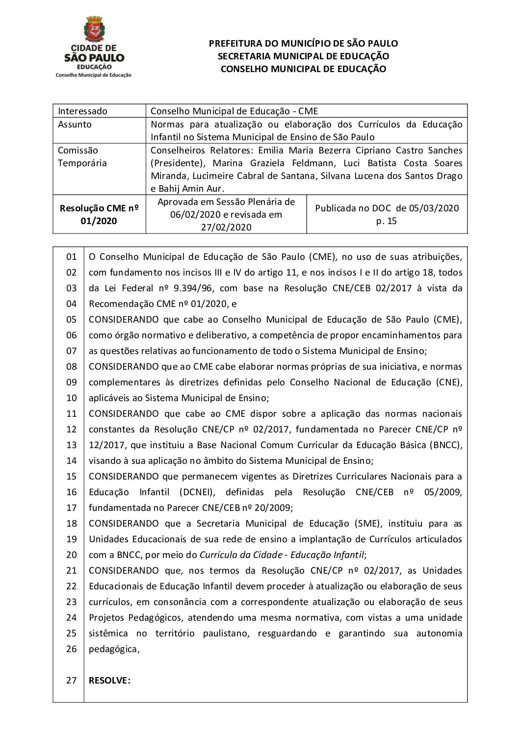 Resolução CME nº 01/2020 - Normas para atualização ou elaboração dos Currículos da Educação Infantil no Sistema Municipal de Ensino de São Paulo 
