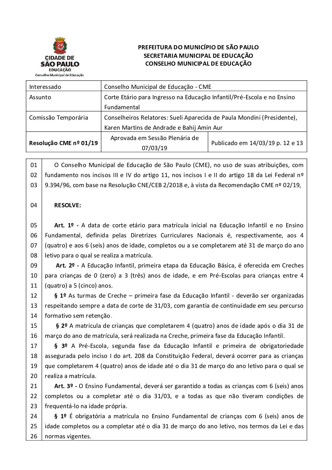 Resolução CME nº 01/2019 - Corte Etário para Ingresso na Educação Infantil/Pré-Escola e no Ensino Fundamental 