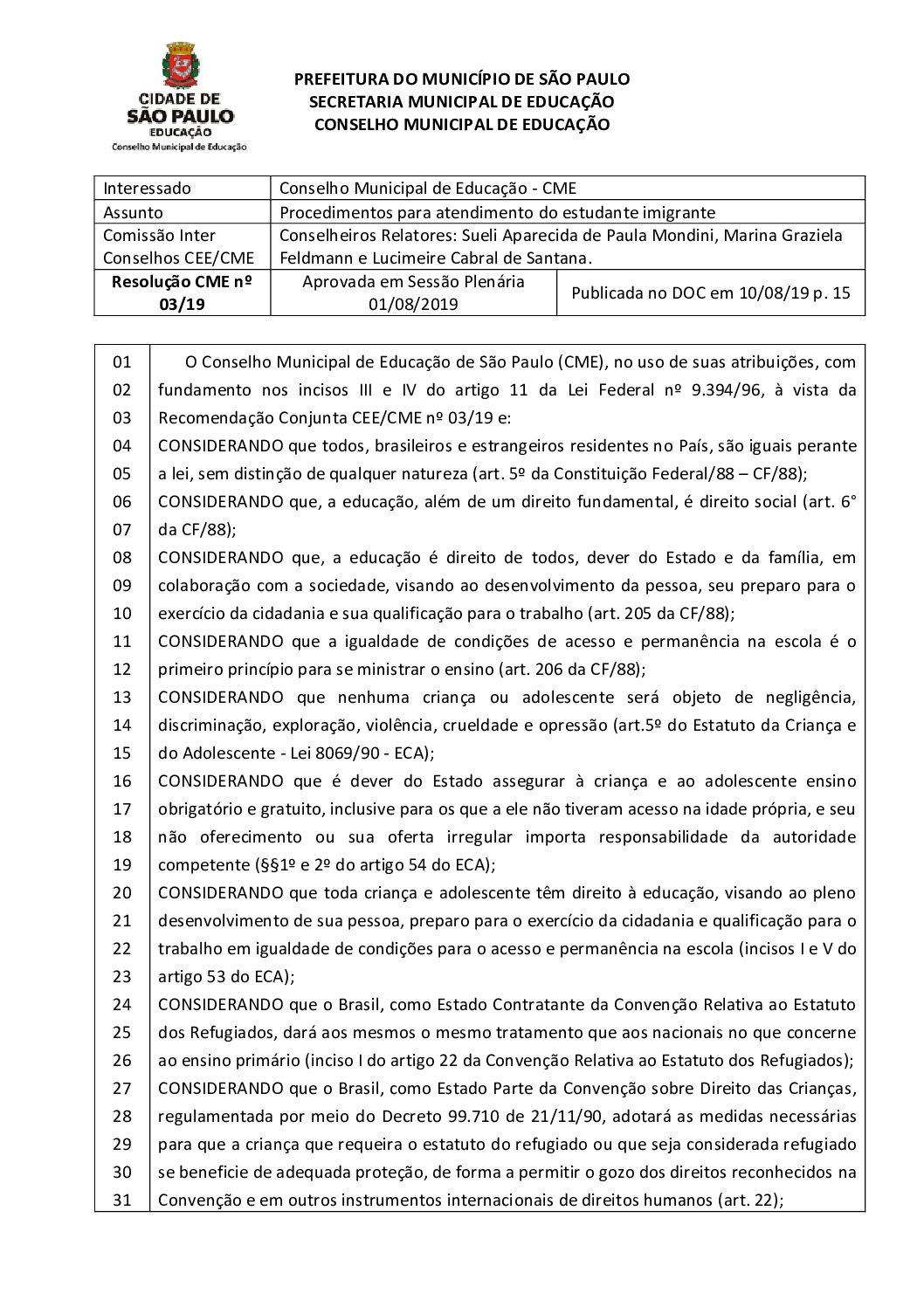 Resolução CME nº 03/2019 - Procedimentos para atendimento do estudante imigrante 