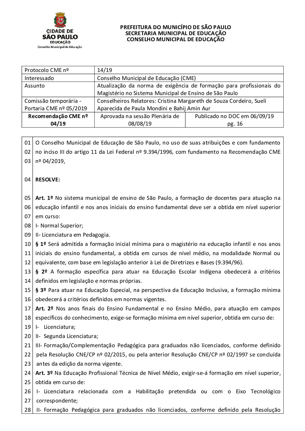 Resolução CME nº 04/2019 - Atualização da norma de exigência de formação para profissionais do Magistério no Sistema Municipal de Ensino de São Paulo 
