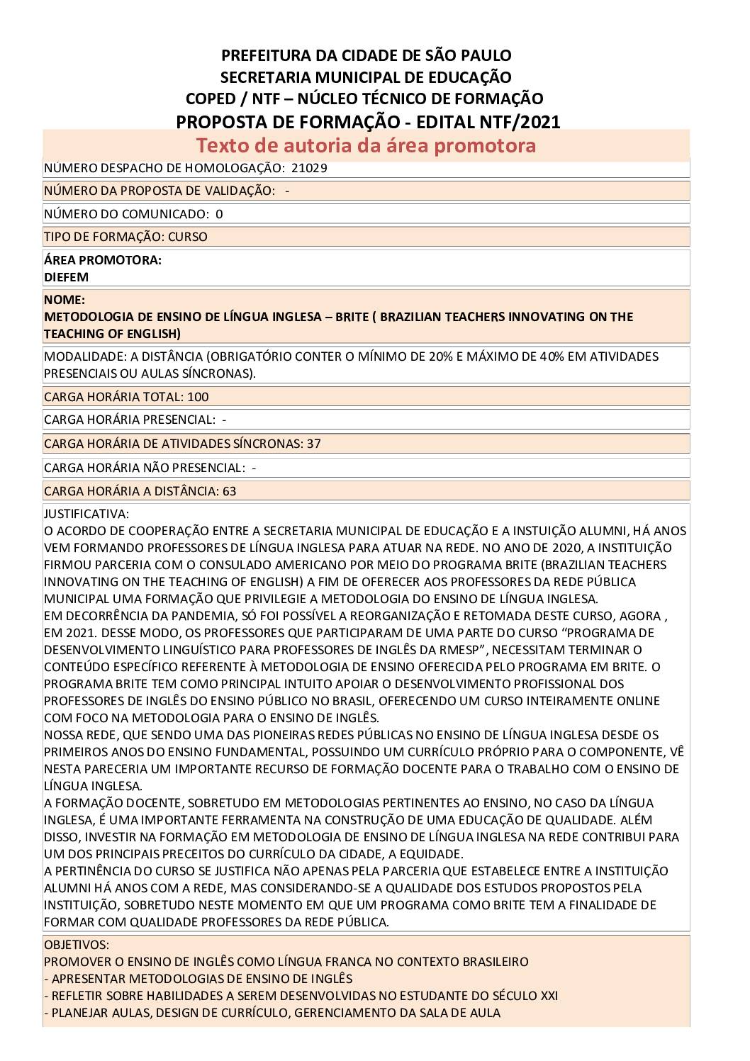PDF com informações sobre o curso: METODOLOGIA DE ENSINO DE LÍNGUA INGLESA – BRITE (BRAZILIAN TEACHERS INNOVATING ON THE TEACHING OF ENGLISH)