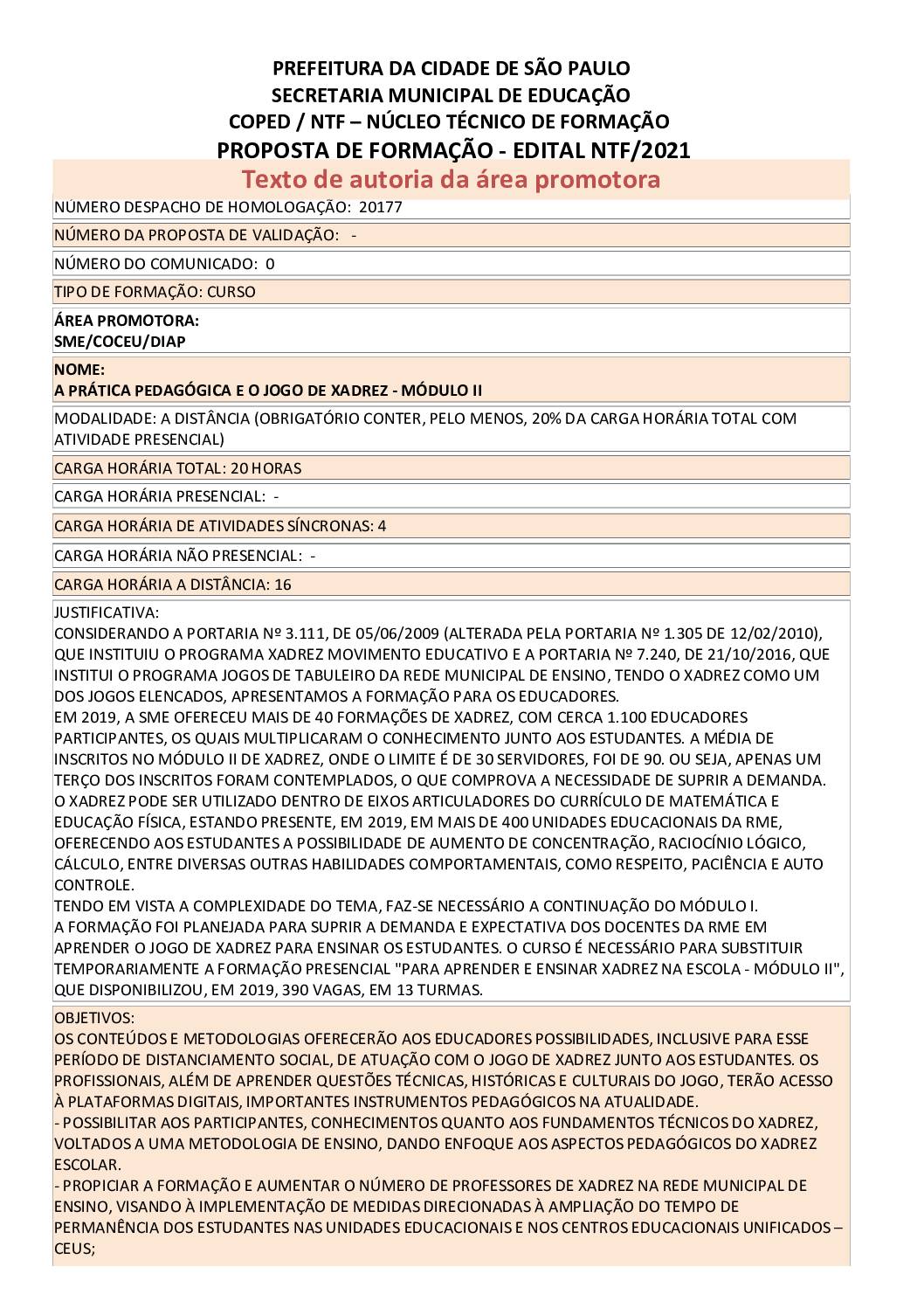 Proposta formativa homologada pela SME.