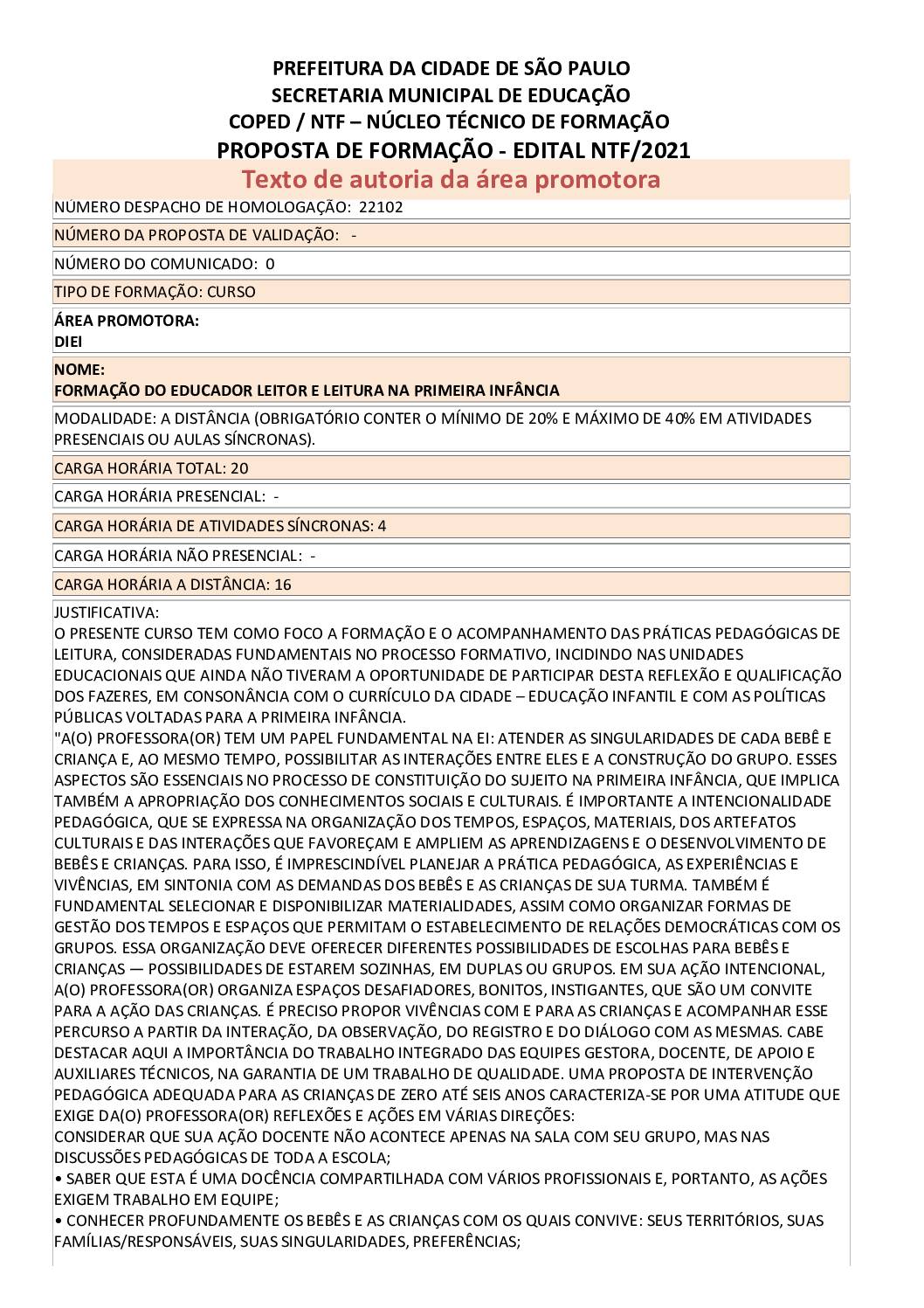PDF com informações do curso: FORMAÇÃO DO EDUCADOR LEITOR E LEITURA NA PRIMEIRA INFÂNCIA