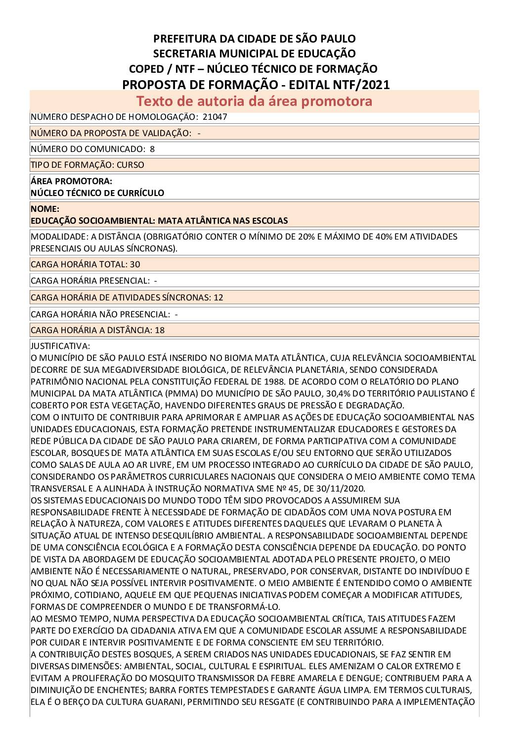PDF com informações sobre o curso: EDUCAÇÃO SOCIOAMBIENTAL: MATA ATLÂNTICA NAS ESCOLAS