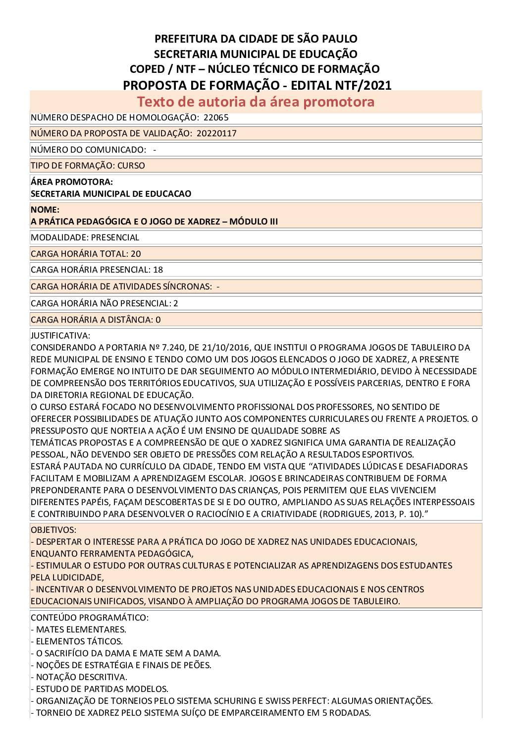 Proposta formativa homologada pela SME.