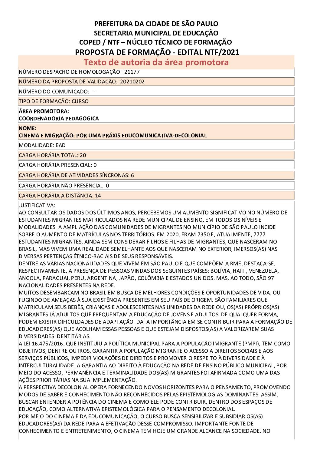 PDF com informações sobre o curso: CINEMA E MIGRAÇÃO: POR UMA PRÁXIS EDUCOMUNICATIVA-DECOLONIAL