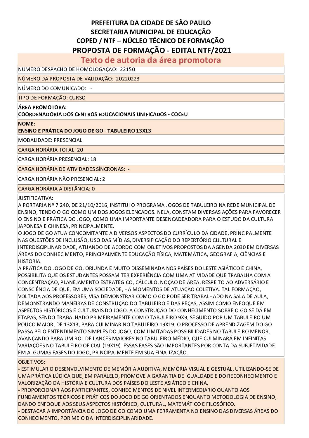 PDF com informações sobre o curso: ENSINO E PRATICA DO JOGO DE GO - TABULEIRO 13X13