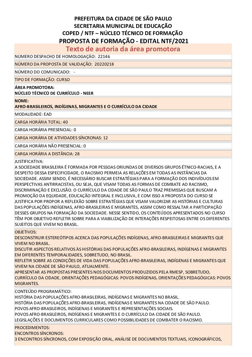 PDF com informações sobre o curso: AFRO-BRASILEIROS, INDÍGENAS, MIGRANTES E O CURRÍCULO DA CIDADE