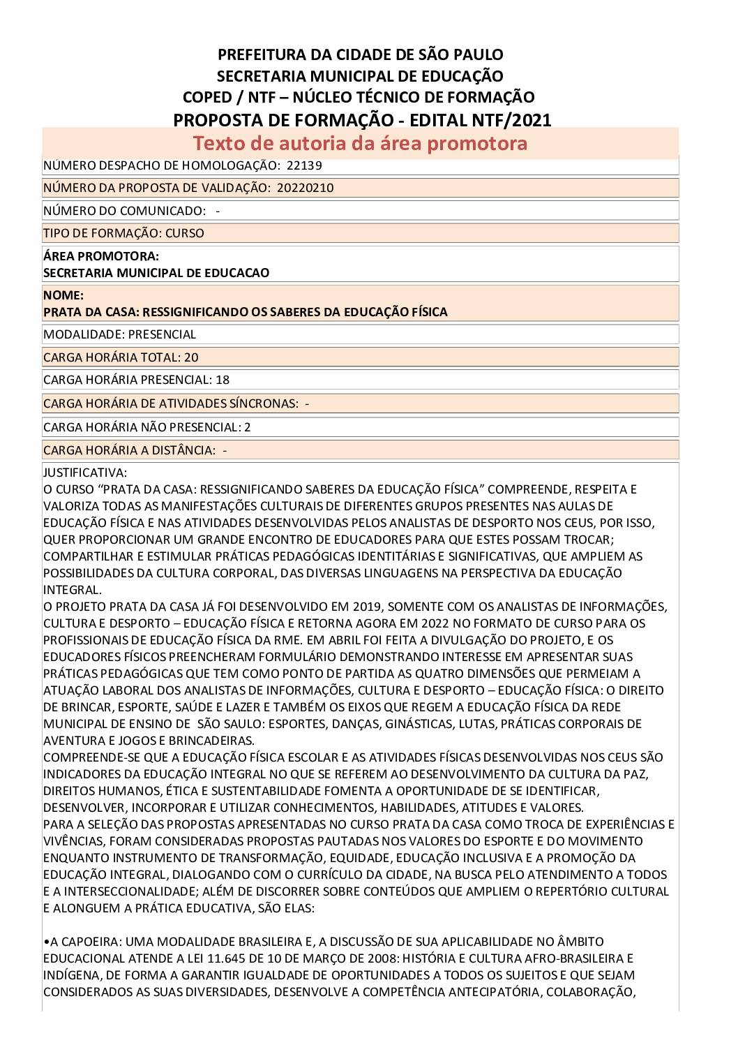 PDF com informações sobre o curso: PRATA DA CASA:RESSIGNIFICANDO OS SABERES DA EDUCAÇÃO FÍSICA