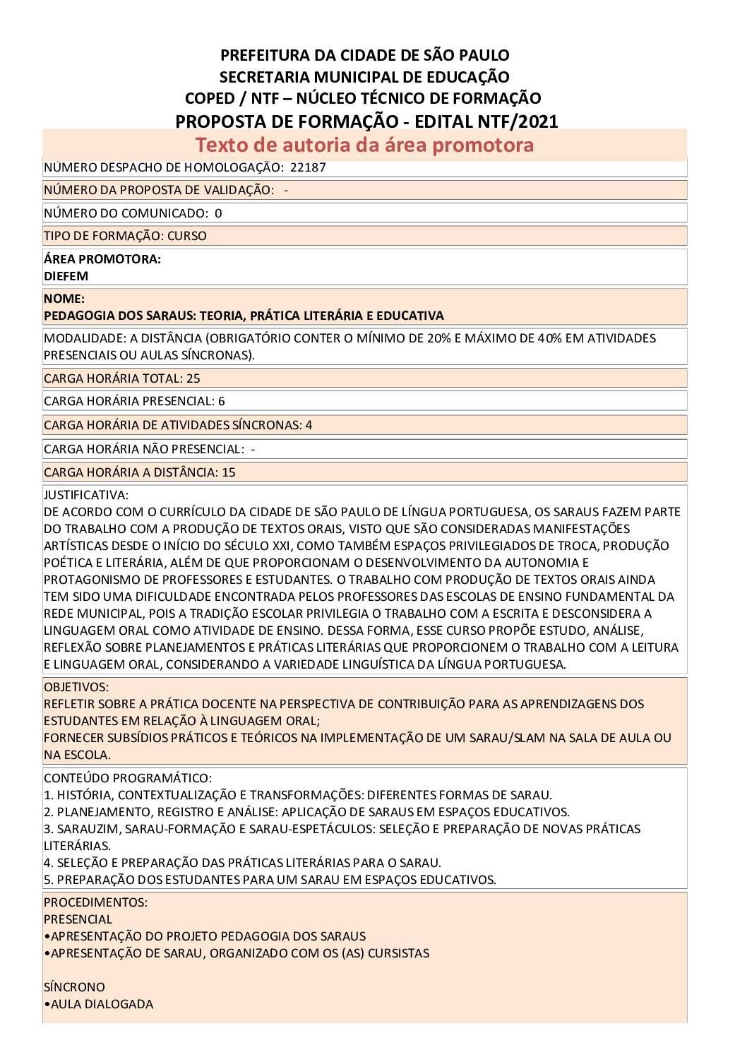 PDF com informações sobre o curso: PEDAGOGIA DOS SARAUS: TEORIA, PRÁTICA LITERÁRIA E EDUCATIVA