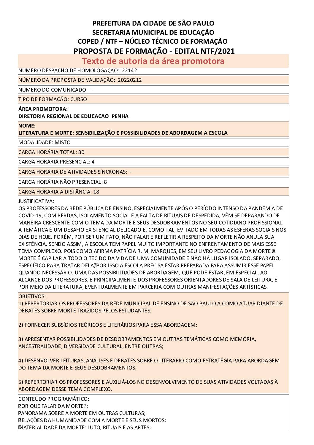 PDF com informações sobre o curso: A LITERATURA COMO SENSIBILIZAÇÃO E POSSIBILIDADE DE LIDAR COM O LUTO NA ESCOLA