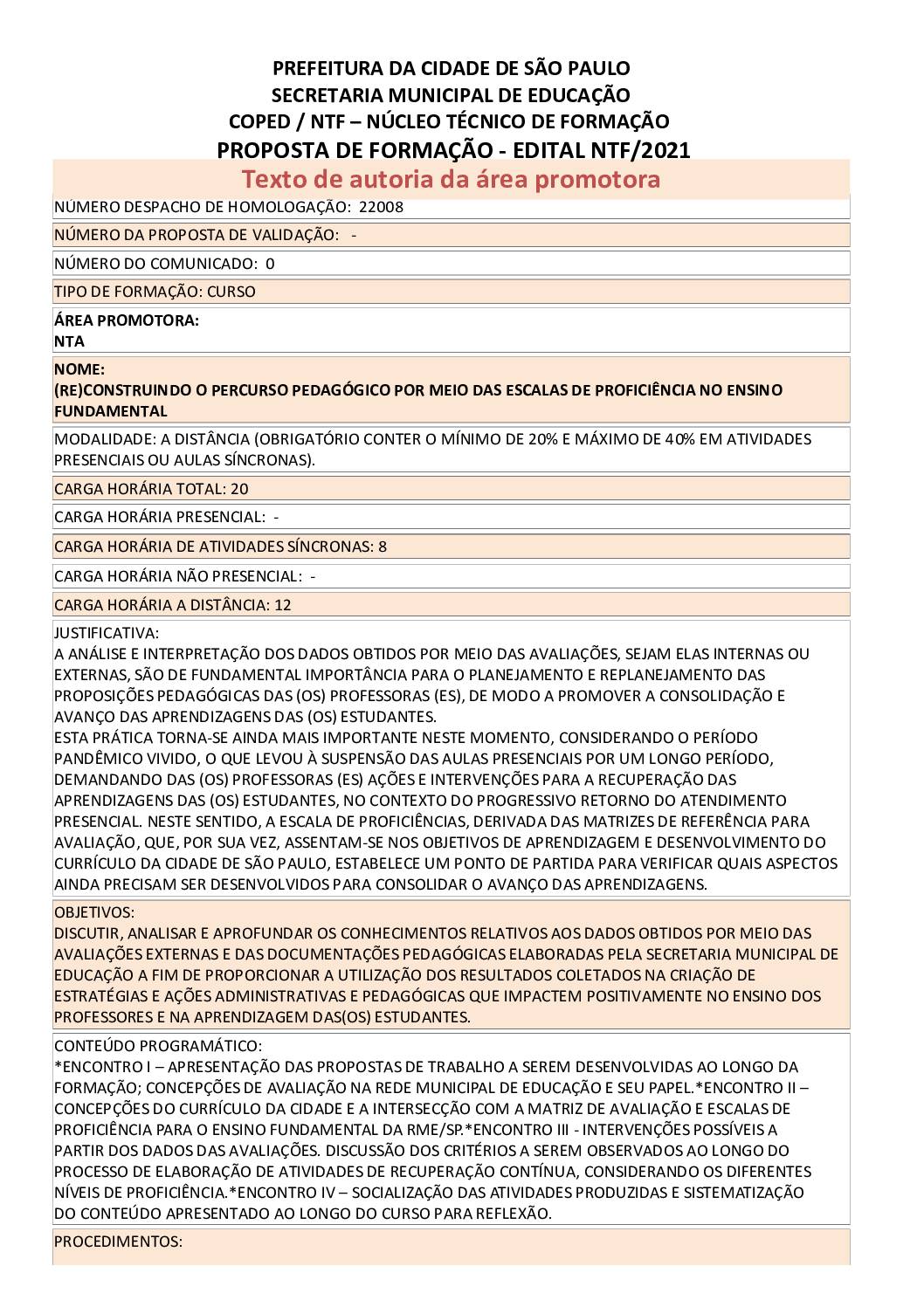 PDF com informações do curso: (RE)CONSTRUINDO O PERCURSO PEDAGÓGICO POR MEIO DAS ESCALAS DE PROFICIÊNCIA NO ENSINO FUNDAMENTAL
