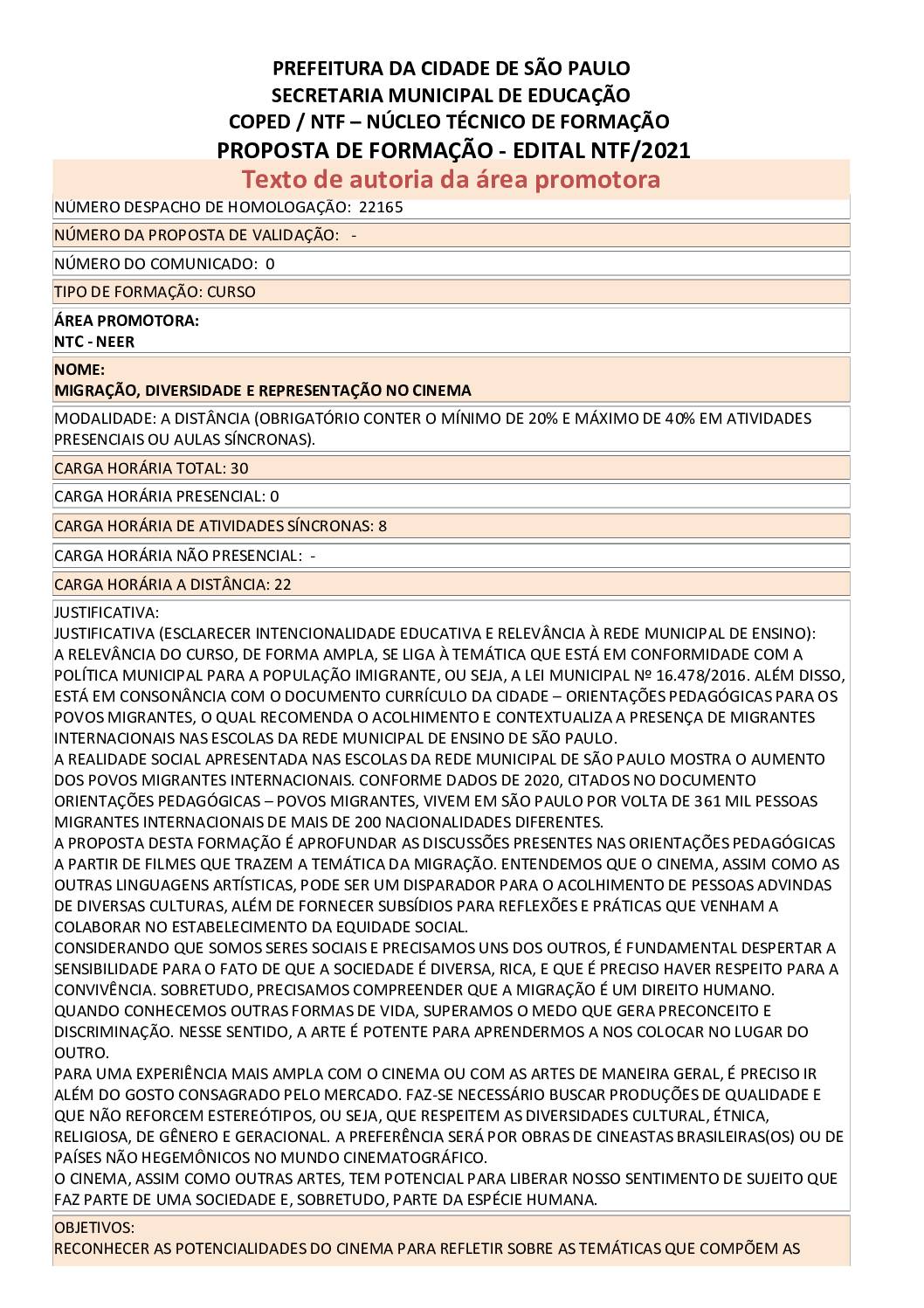 PDF com informações sobre o curso: MIGRAÇÃO, DIVERSIDADE E REPRESENTAÇÃO NO CINEMA