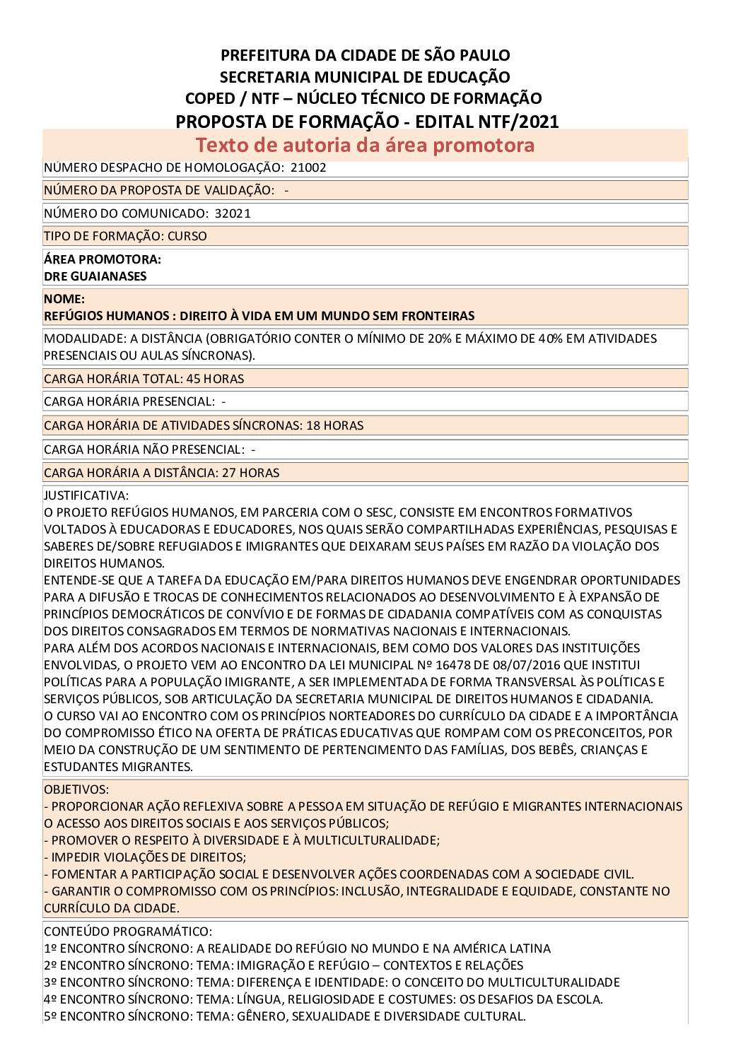 PDF com informações sobre o curso: REFÚGIOS HUMANOS : DIREITO À VIDA EM UM MUNDO SEM FRONTEIRAS