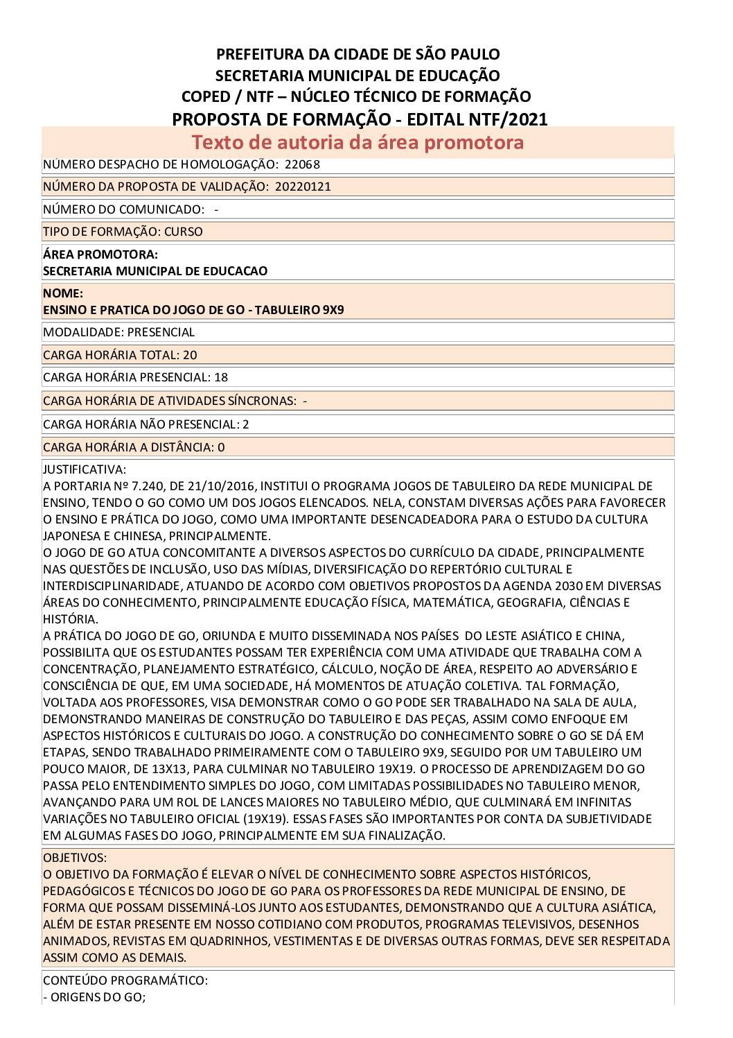PDF com informações sobre o curso: ENSINO E PRATICA DO JOGO DE GO - TABULEIRO 9X9