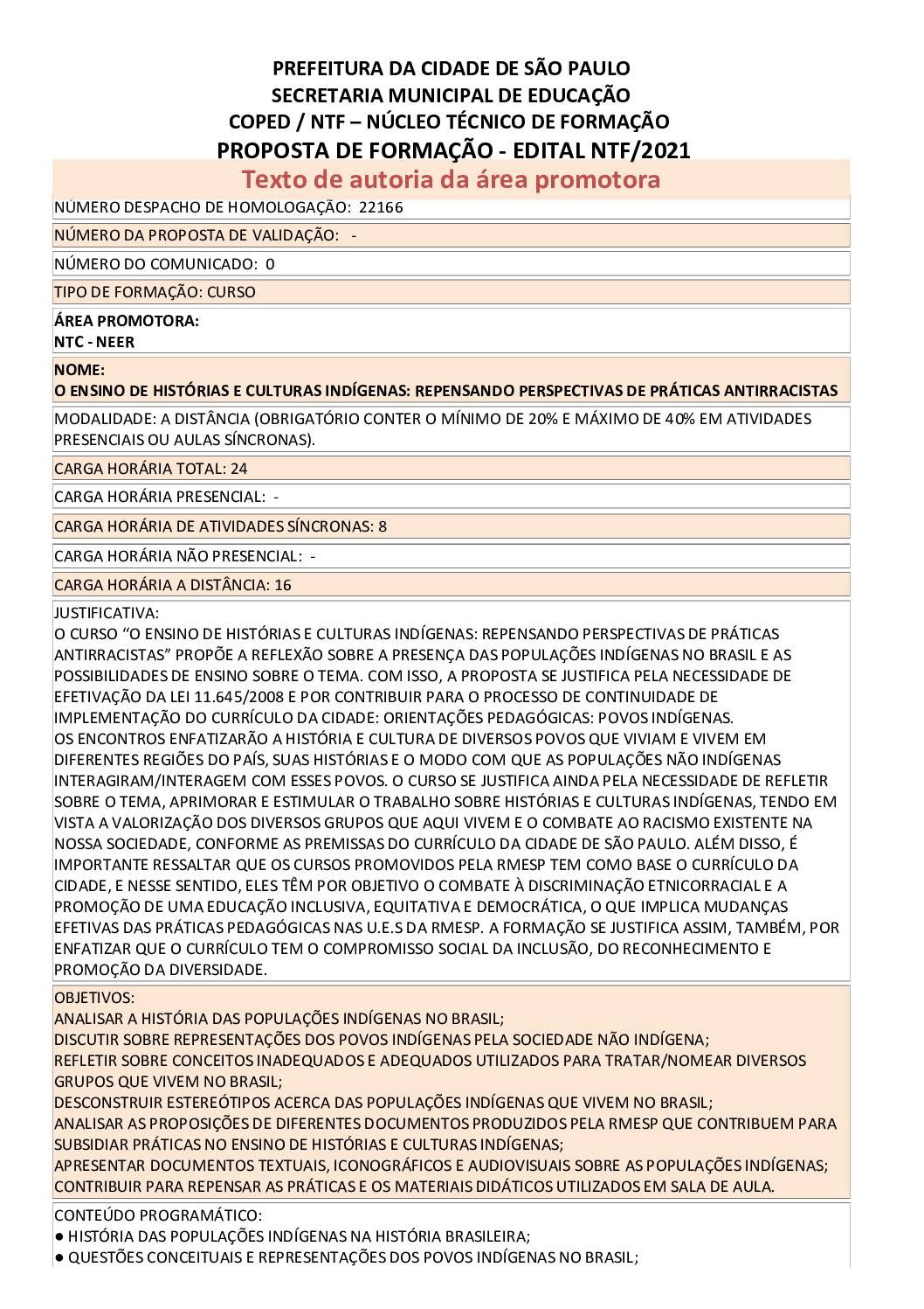 Proposta formativa homologada pela SME.