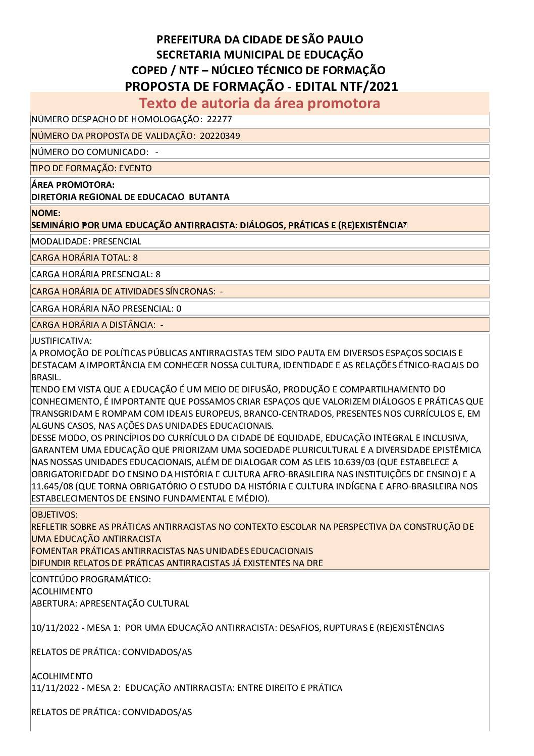 Proposta formativa homologada pela SME.