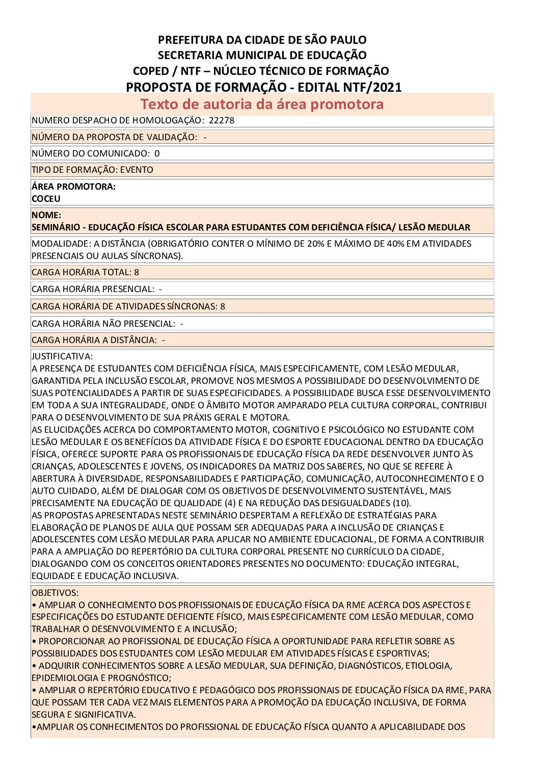 Proposta formativa homologada pela SME