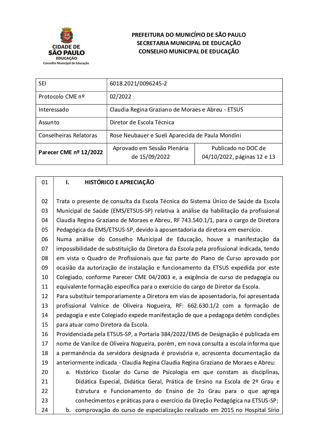 Parecer CME nº 12/2022 - Diretor de Escola Técnica - Claudia Regina Graziano de Moraes e Abreu - ETSUS 